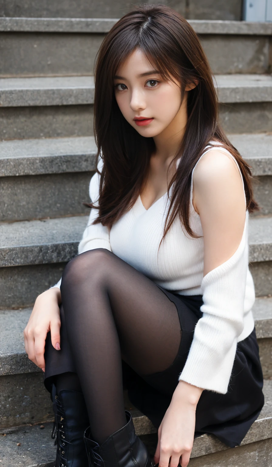 1 woman, whole body, (sweater), (short skirt), (an exceptionally beautiful face), (flesh colored pantyhose). (high heel), realistic face, good skin, (Very beautiful bridge),(golden ratio), (very sexy), (beautiful body), (big bust), (dark and beautiful makeup), (model pose)