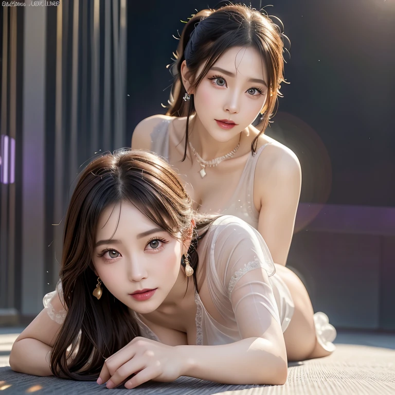 2woman hugging each other, hands over crotch, (one woman hasgreen eyes, white skin, long black hair, ponytail, choker, small breasts, lipstick, makeup, eyeliner), (other woman is a blonb with brown eyes), wearing a neon sexy outfit, on the pool, (cyberpunk theme), (masterpiece, best quality, 8k, sharp focus, depth of field, best shadows, perfect lights, HDR, realistic skin texture, ultra-detailed and detailed background),