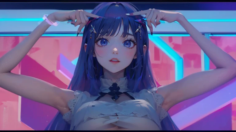Mine makeup girl、Hotel、Black straight long hair、Glowing neon lights、ガールズBar clerk、Bar clerk、provide alcohol、Neon and uv black light store interior、cyber 、White T-shirt that glows under black light、large full breasts、Large cleavage、Hot pants in satin fabric、A store that looks like a spaceship、(下乳:1.8)