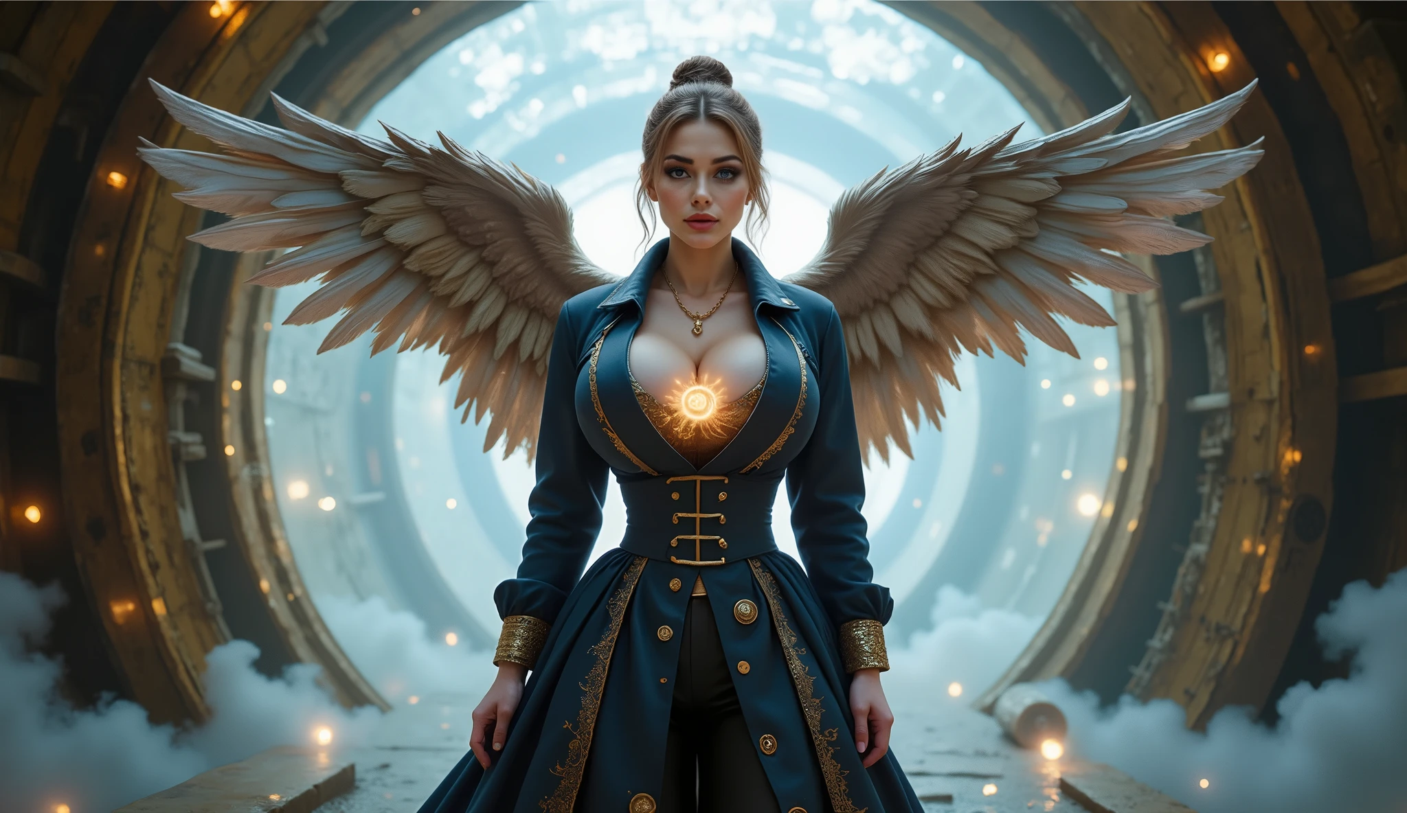 A mysterious steampunk angel stands before a glowing portal, suspended above a flowing mechanical river of liquid gears and clockwork mechanisms. She wears a deep navy-blue coat with golden embroidery tracing intricate celestial patterns along its edges. A delicate pocket watch, attached by a fine golden chain, rests subtly against her chest, its hands moving in unpredictable patterns, glowing faintly with arcane energy. Her mechanical wings, made of brass filigree and interlocking cogs, extend elegantly behind her, reflecting the portal’s ethereal light. The swirling vortex pulses with radiant hues of blue, gold, and silver, illuminating the misty atmosphere. The metallic river below hums with rhythmic ticking sounds, carrying the essence of time itself toward the unknown. Medium shot focus to her body.  Cinematic, ultra-detailed, photorealistic, fantasy art, 4K resolution.