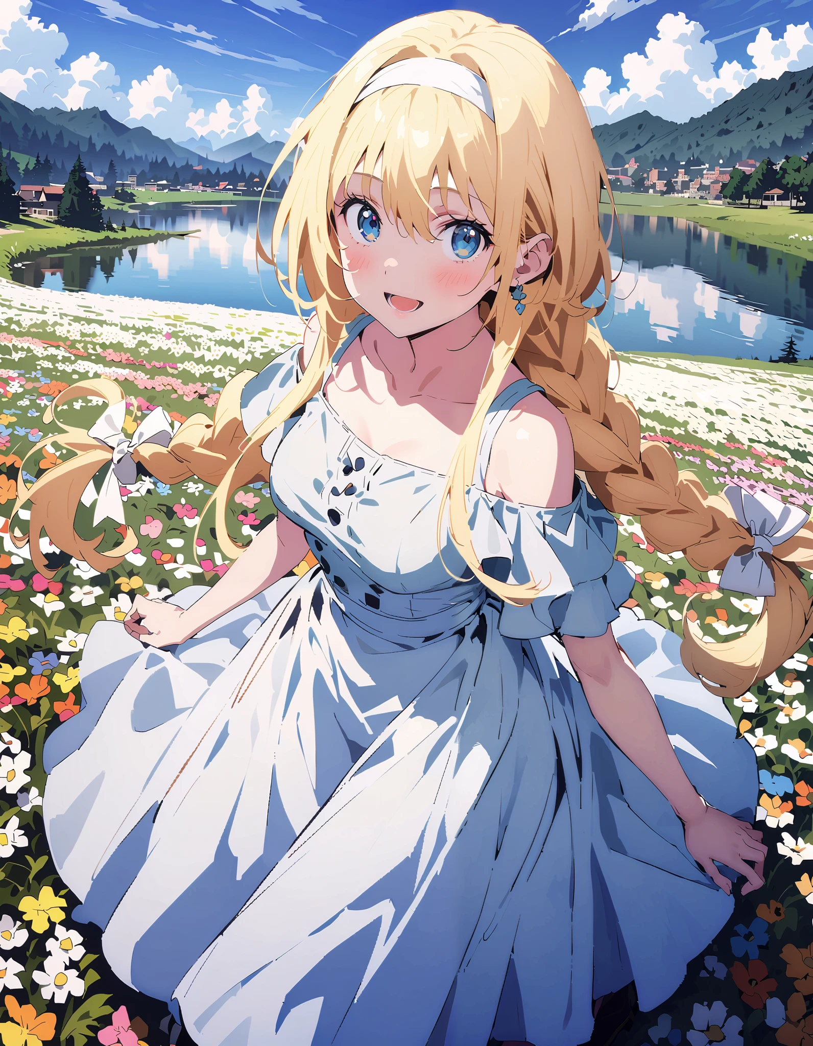 Alicesburg, Alice Sberg , Alone,bangs, blue eyes, blond hair, smile,blush, open your mouth, hair between eyes, Very long braids, single braided , headband, white headband,yellow off-the-shoulder dress,Medium breast, white long skirt, cute heeled sandals , are standing, Flower blowing snow, style so that the whole body is in the illustration ,
break outdoors, Flower Field, Compa,Large Lake,Mountain,
break looking at viewer,
break ( Masterpiece:1.2), top quality , kampala, Unity 8k Wallpaper,(shape:0.8),( fine, beautiful eyes :1.6),It's a person , full body photo,CG Details , ( perfect hands, Complete Anatomy),