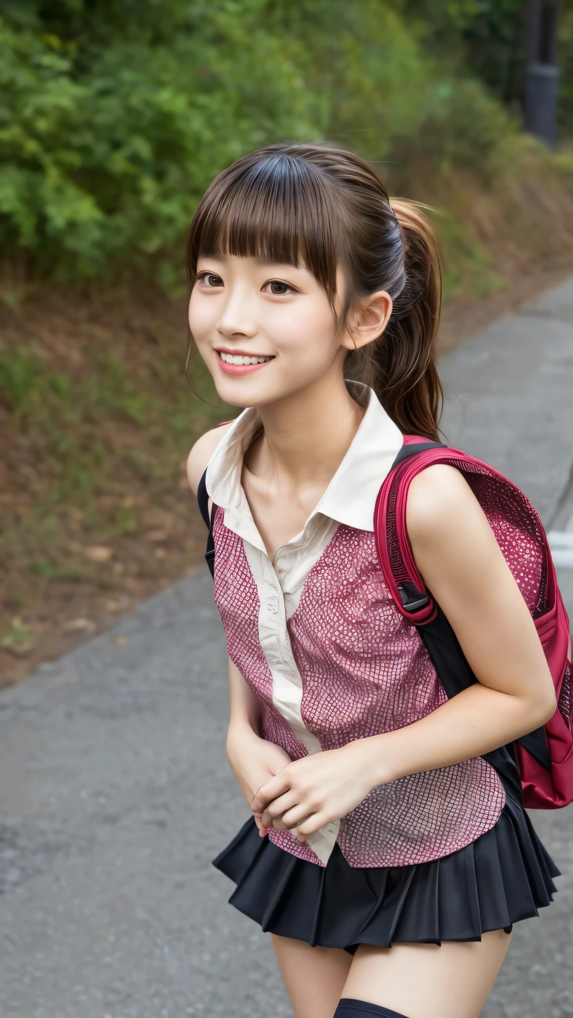 (censored turn off, uncensored), (realistic, photo-realistic, best quality, masterpiece), high resolution photograph, 8k, RAW photo, extremely detailed, intricate details, sharp details, sharp focus, solo, 1girl, a Japanese mini-girl, little-maiden, (revealing blouse, miniskirt), pale skin, long straight twintails black hair with blunt bangs, hair scrunchie, cute face, detailed face, detailed eyes, sophisticated nose, smiling, walking, (flat chest:1.4), (skirt lift, showing off polka dots panties), (carrying a backpack, socks, casual shoes), (front photography, view from below:1.4), photo background, outdoors, the way to home from school,