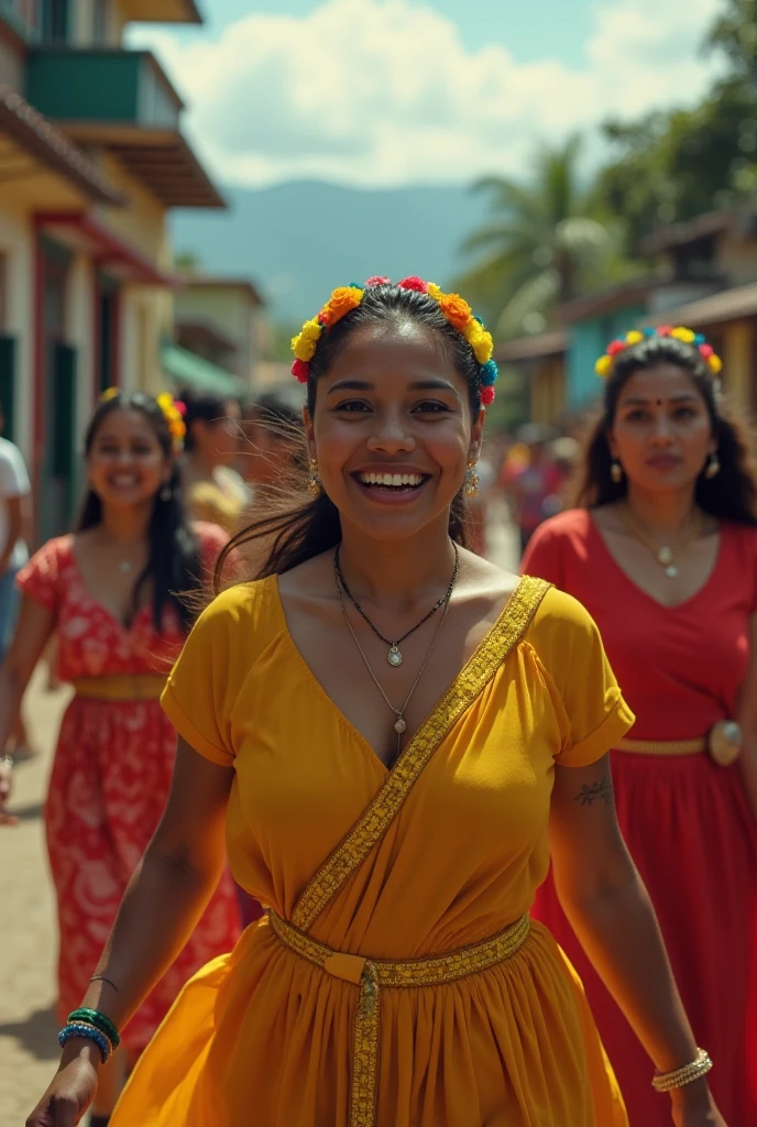 Realistic image. A woman having fun at a street carnival in Brazil, wearing a white T-shirt. Dancing full-length. General shot. Cheerful and colorful scenery.