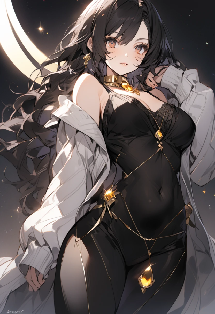 ((masterpiece, best quality)), Delicate face,dark Knight,whole body,Standing picture,Long legs,Large Breasts,Gradient long wavy hair,Perfect body proportions,Beautiful black eyes,Extremely beautiful,transparent, Pure white background,Big Dark Day,cloud,Sexy Lingerie,Lace,Kaneko,Gold Mine,Gold jewelry,