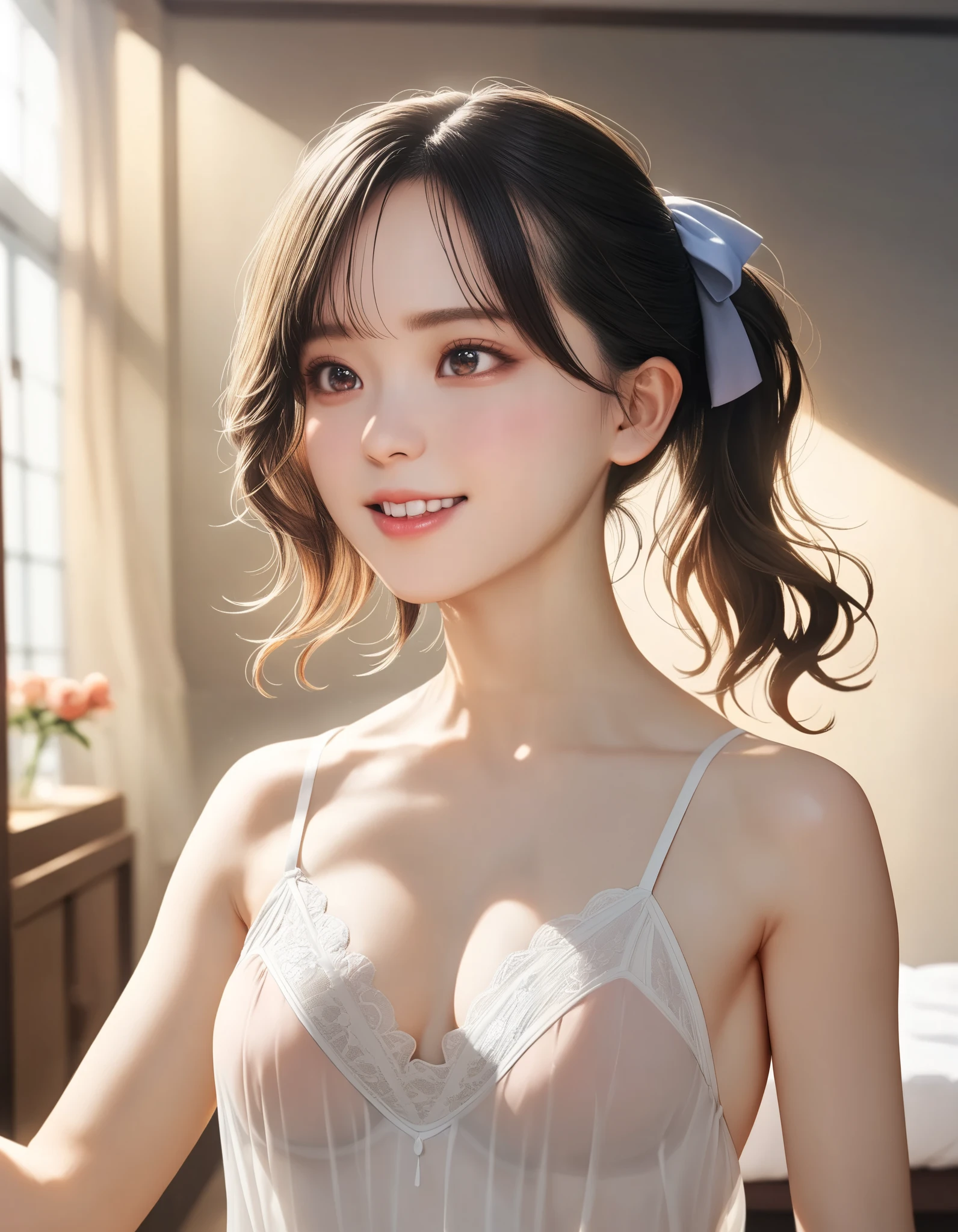 1girl, bra, breasts, brown_eyes, brown_hair, cleavage, indoors, lingerie, lips, long_hair, looking_at_viewer, navel, open_mouth, panties, realistic, small_breasts, smile, solo, underwear, underwear_only, white_bra, white_panties,
<lora:supercutelingerie:0.5>,__supercutelingerie__,