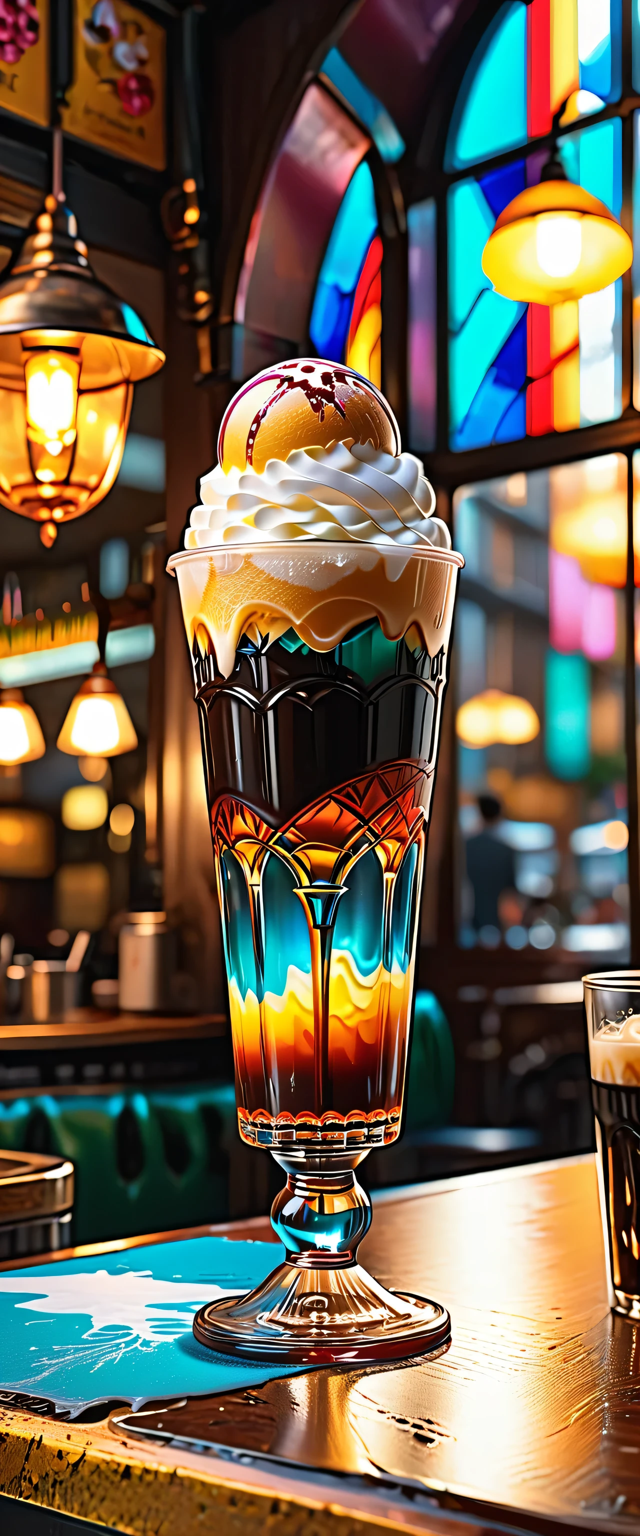 # quality(8k, wallpaper, masterpiece, high resolution,top- quality,top- quality real texture skin, surrealistic,increase resolution, RAW Photo ,最高の quality, very detailed,wallpaper, golden ratio), break ,a very beautiful ice cream float coffee on the table, break ,# ice cream float ( iced coffee on a coaster ,very beautiful glass , prism, reflection ),#background( very old classic cafe in Japan , table,customer, Stained Glass Windows , dark),(close up ice cream float :1.6),( dynamic angle:1.4)