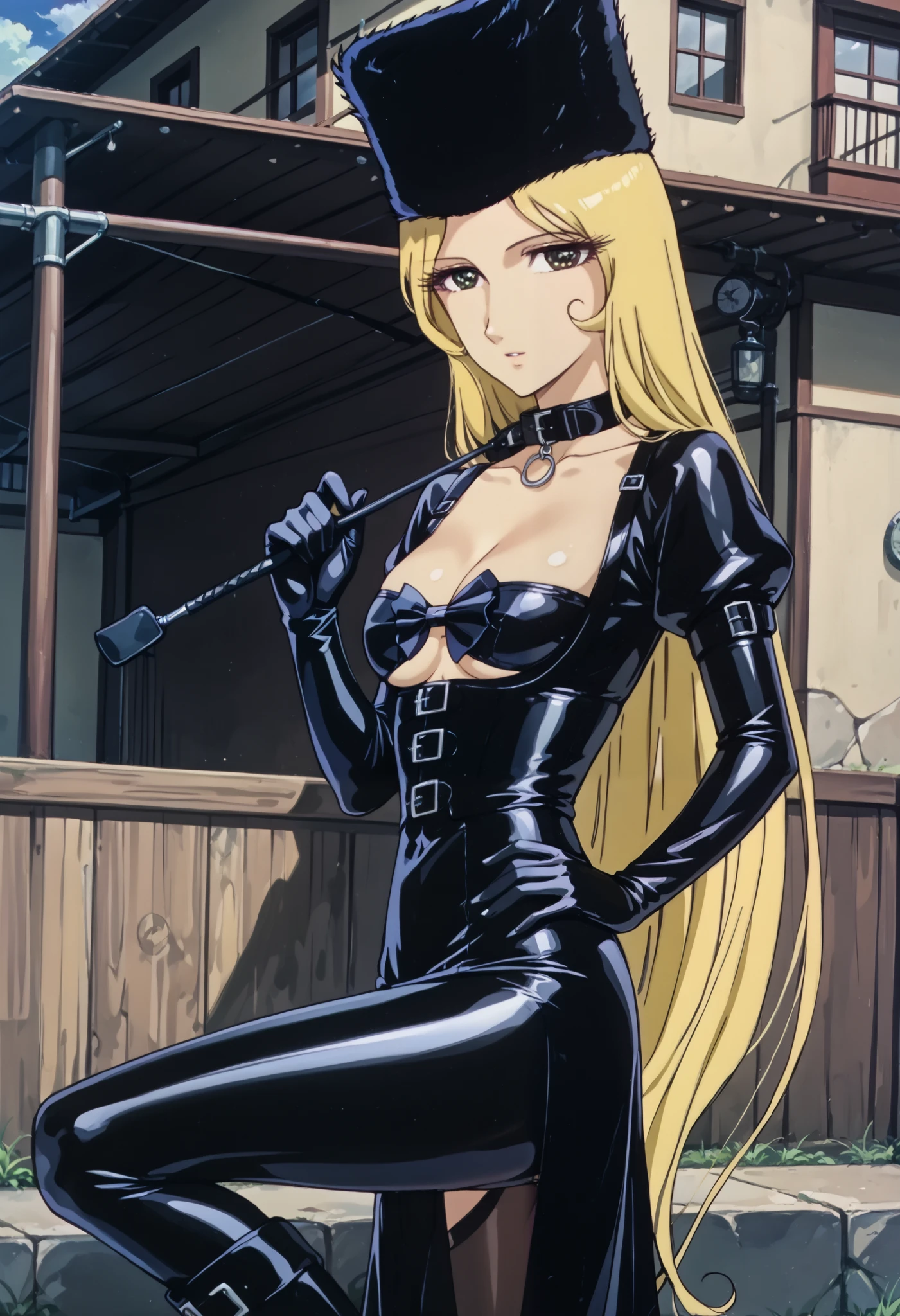 Yankee sitting、((( wide thigh opening with one legでしゃがむ)))、((( squats with her legs open in M shape)))、BDSM、Queen、mistress、(((One girl)))、(((solo:1.8)))、(((Black latex elbow gloves:1.4)))、(((Black latex corset dress:1.4)))、((( corset dress is decorated with beautiful lace)))、(((a corset dress with shoulder straps)))、(((a tight black latex miniskirt:1.4)))、((( Black Thigh-High Boots :1.4)))、(((Black rubber tights:1.2)))、((( stiletto heel boots that kick a man:1.4)))、((( stiletto boots)))、(((She is wearing a black latex ha She is wearing long leg panties)))、(((Black latex bra)))、(((Black leather collar)))、((( sexy pose:1.4 )))、 wide thigh opening with one leg:1.2、((( erotic)))、((( cowboy shot)))、 close-up、((( place your hands on your hips)))、 beautiful eyes with highlights、 fine, beautiful skin、Two anatomically perfect arms、Two anatomically perfect legs、(Four perfect fingers and one thumb)、Maetel, Retro Style , 1980s, flat color, zPDXL, greatest masterpiece、 Masterpiece、 high image quality、High resolution 8k、Score 91 girls , detailed face、 detailed eyes 、(((Outdoors、 station platform outside the white line)))、(((In his right hand he holds a riding crop:1.2)))、 Flowing blonde hair、The black fur hat 、 and stare at the viewer、 expressionless