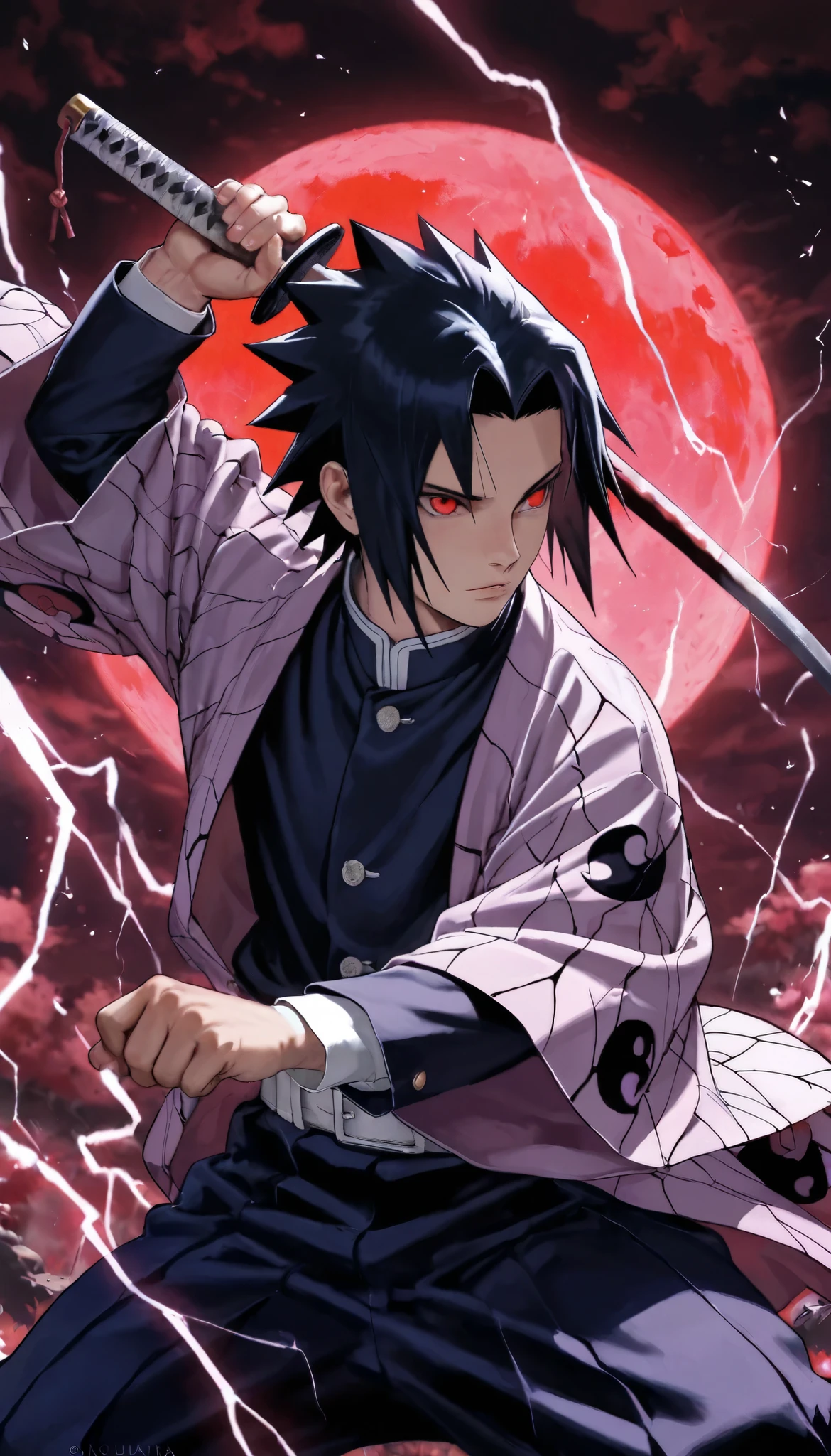 absurdres, highres, ultra detailed, HDR, masterpiece, best quality, Ryomen Sukuna, black hair, expressive red eyes, Jujutsu Kaisen, solo, sexy man, handsome, black scarf, white kimono, red blood water, purple moon, magical