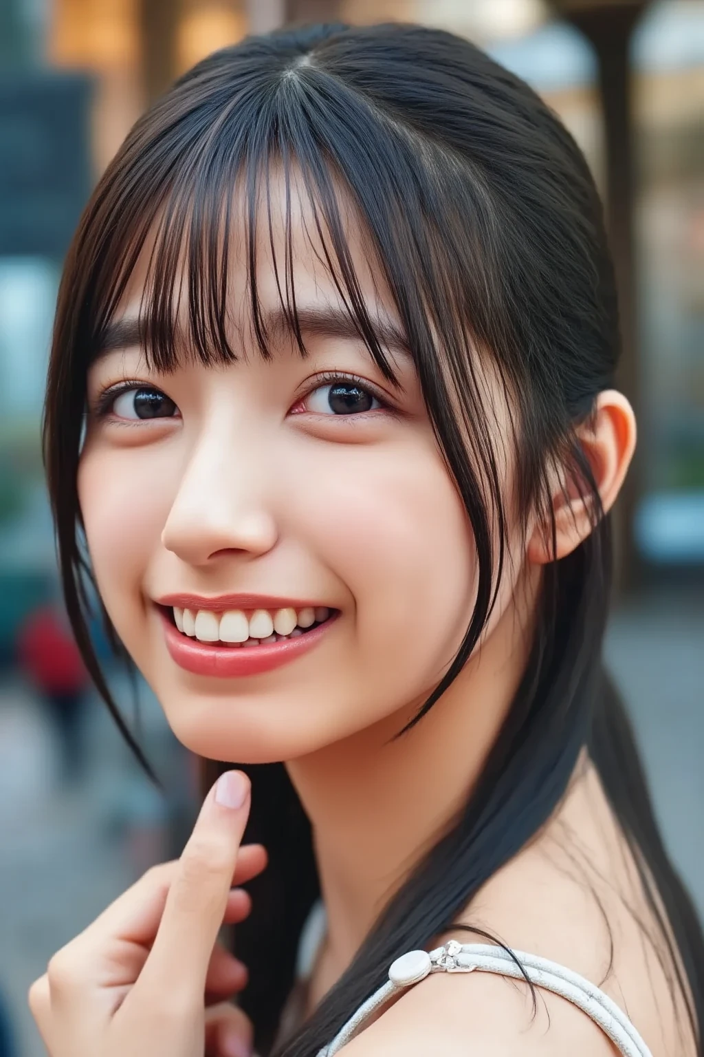 (realistic, photo-realistic:1.4), (best quality,masterpiece:1.2), RAW photo,high resolution,intricate details, extremely detailed, insanely detailed, soft light, cinematic lighting, (portrait, frontal photography:1.3), solo, 1girl, a 19yo female idol, standing, (full frontal, completely nude:1.5), (smaller breasts, flat chest, poor size bust:1.5), beautiful detailed eyes, detailed face, pale skin, fine-textured skin,dark hair,(straight hair, forehead:1.3), (cheerful grin, smile, parted lips:1.2), photo background, indoors, nudist party, gangbang party, group sex party, (naked girls in background:1.5),,