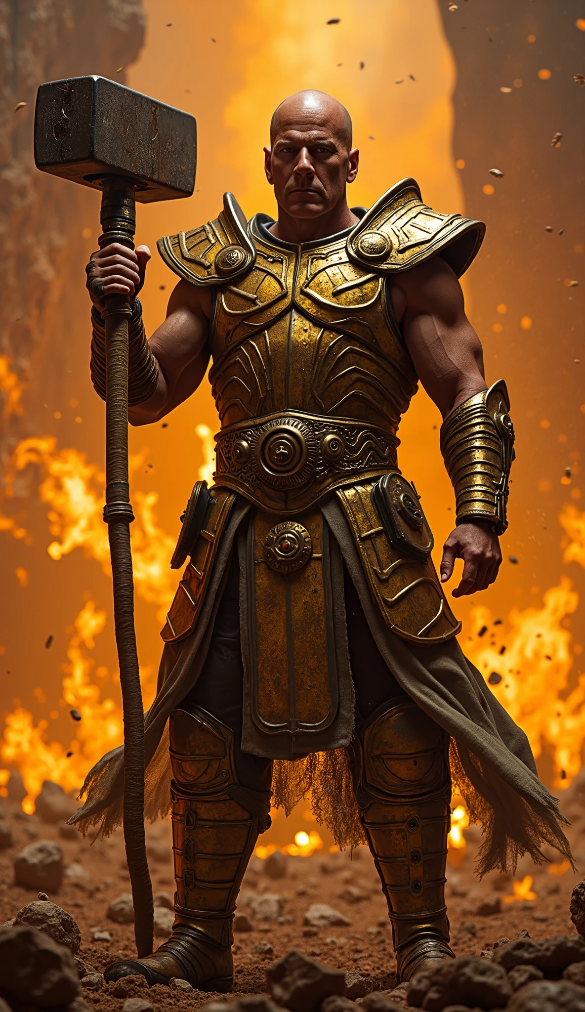 
Bruce Willis como shao kahn – O Imperador da Guerra

Em um mundo dominado pelo caos e pela violência,  a new leader emerges from the shadows ,  a sinister and imposing figure who carries the weight of an empire on his back .  He is not just a ruler - he is a tyrant ,  an unbeatable emperor . É Bruce Willis, agora no papel de shao kahn,  the dreaded ruler of Outworld .

 With his firm stance and unfounded in brute force , Bruce Willis transforma-se em shao kahn com uma presença esmagadora.  His muscular and imposing body is surrounded by golden armor ,  designed to reflect the opulence and cruelty of an emperor who conquered everything with an iron hand.  His metallic mask ,  that covers part of her face ,  is a symbol of your absolute power ,  but her penetrating eyes ,  visible through the gaps ,  exude a calculating and thirsty gaze for destruction .

 Bruce Willis's voice , agora reverberando com o tom profundo e ameaçador de shao kahn, echoes through the arena ,  transmitting an authority that admits no challenge . " Defeat is a privilege for the weak ", He proclaims ,  while raising your iconic hammer ,  a weapon that symbolizes his dominance .  With a single blow ,  his hammer can reduce any opponent to rubble ,  and his presence in battle is a spectacle of pure force and cruelty .

Your face,  happens with the unmistakable traits of Bruce Willis ,  carries a cold and ruthless expression ,  as if the weight of an entire empire were on your shoulders .  He looks at his opponents with absolute contempt , 's deep and ominous tone as if he knew that none of them are a match for his supremacy .

 On a stage of destruction and war , shao kahn,  embodied by Bruce Willis ,  is the definitive ruler ,  bringing death and chaos wherever .  An unparalleled emperor ,  whose will is law ,  and whose destructive hammer is the final sentence .