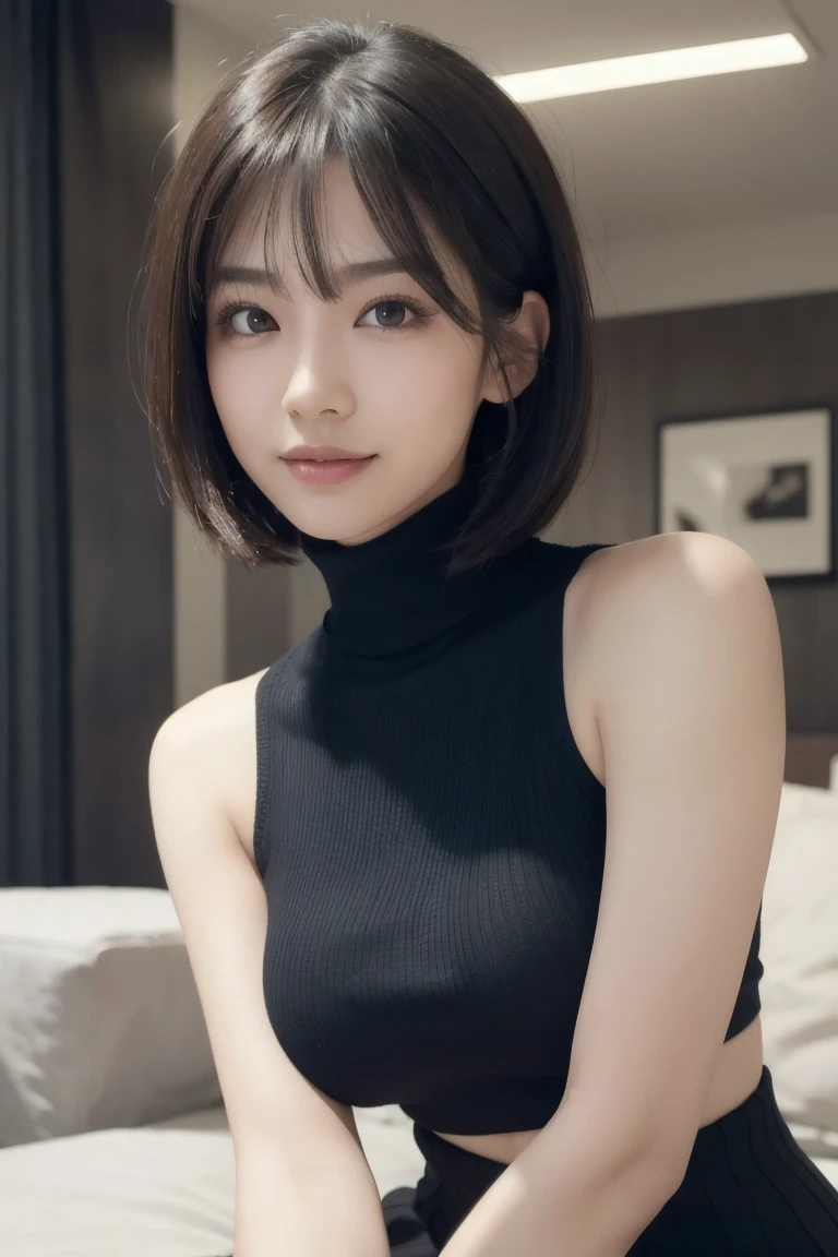 An innocent 20-year-old girl、((Wear a sleeveless turtleneck knit,Dramatic Pose)),smile,shortcut,Bed Background,Beach Background、RAW Photos, (8k、highest quality、masterpiece:1.2)、(Intricate details:1.4)、(Photorealistic:1.4)、Octane Rendering、Complex 3D rendering with ultra-detail, Studio Soft Light, Rim Light, Vivid details, Super Detail, Realistic skin texture, Detailed aspect, Beautiful details in the eyes, Highly detailed CG Unity 16k wallpaper, compensate, (Detailed Background:1.2), Glowing Skin, whole body、From head to thighs、Cleavage,((Sleeping on your back、Angle of view from above)),Black clothes