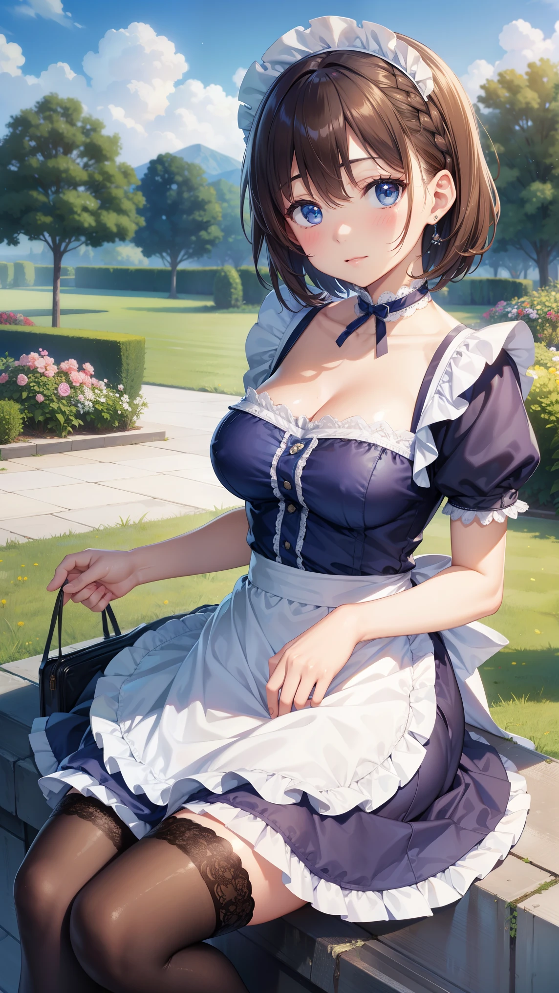 Delicate Composition, hyper detailed, best quality, blurry foreground, dynamic view, 1 girl, (seductive smile:0.6), solo, large breasts, hair in takes, beautiful detailed garden, fluttered detailed petal, grow, bunny ears, detached collar, strapless leotard, wrist cuffs, fishnet tights, kinomoto sakura, standing, (looking back at viewer