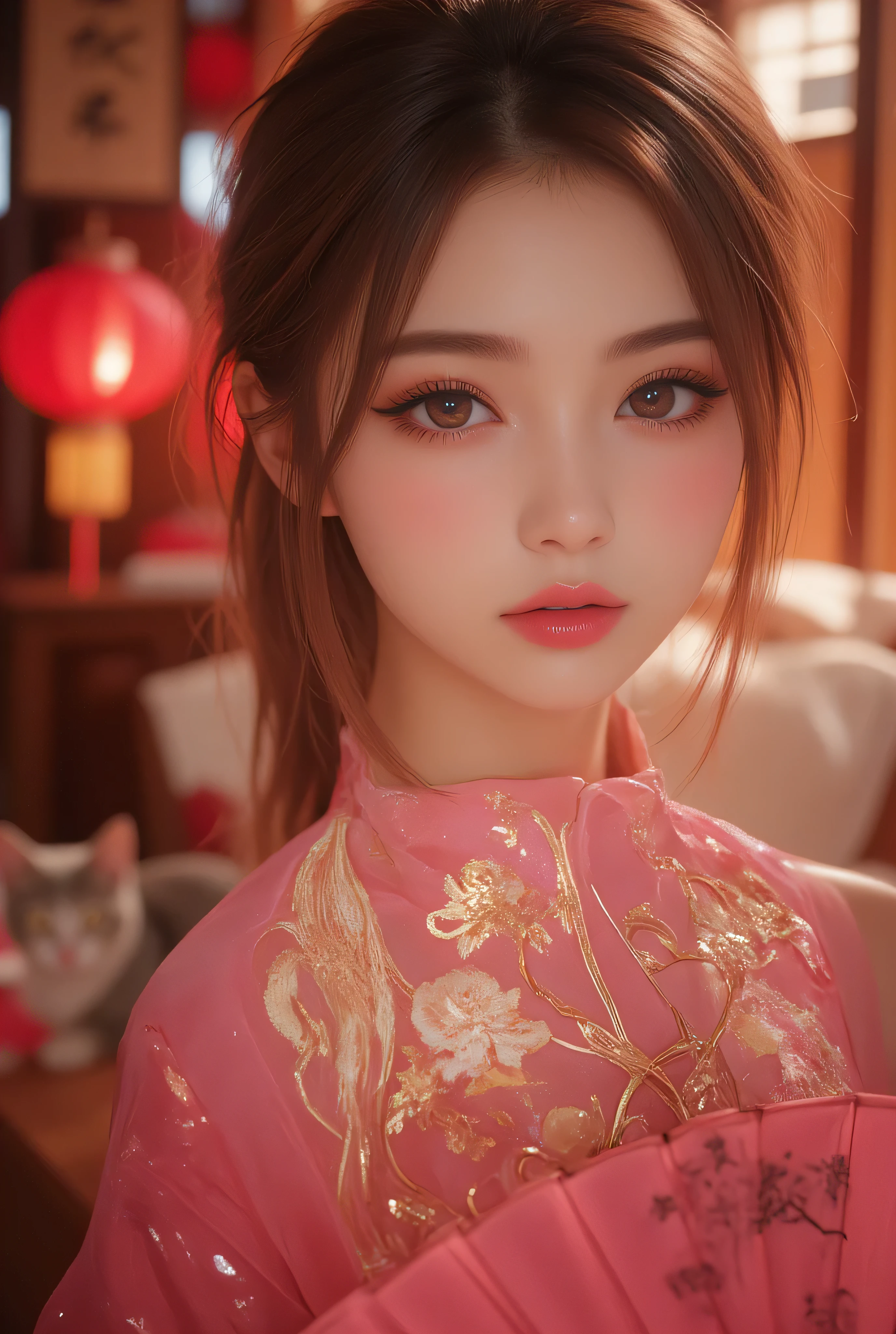 Cat ears、 face up, attractive, pretty girl, ponytail、 (( fine facial features , eroticism)), dramatic lighting , realistic , 8k, Dramatic Shadows , intricate and elaborate patterns , super detailed photo , chiaroscuro lighting , Pleasant colors , deep contrast , super real 、 pink lipstick、 warm room、Vintage Fireplace 、 cinematic composition、Close-up of face, pretty half part transparent open shoulder loose outfits dress, tang style, A beautiful Korean idol wearing a one piece red- black tightly cheongsam with phoenix and intricate floral golden embroidery, golden and silver outline on dress, hand hold pink feathers transparent Chinese fan with golden ink painting of bird and tree , standing gracefully in a room filled with traditional Chinese New Year decorations. The room features vibrant red lanterns, decorative calligraphy scrolls, a small Chinese orange tree with golden ornaments, and several red envelopes scattered across the floor and hanging from the tree. Adorable, playful cats are part of the scene—some sitting near the tree, others curiously pawing at the red envelopes or lounging around. Through a window or an open door in the background, vibrant Chinese fireworks light up the night sky in an array of reds, golds, and blues, casting a magical glow into the room. The idol’s outfit is paired with subtle accessories like red hairpins or earrings, complementing the festive look. The atmosphere is warm and lively, filled with the joyful essence of the celebration, enhanced by the shimmering lights of the fireworks and the lively decor.