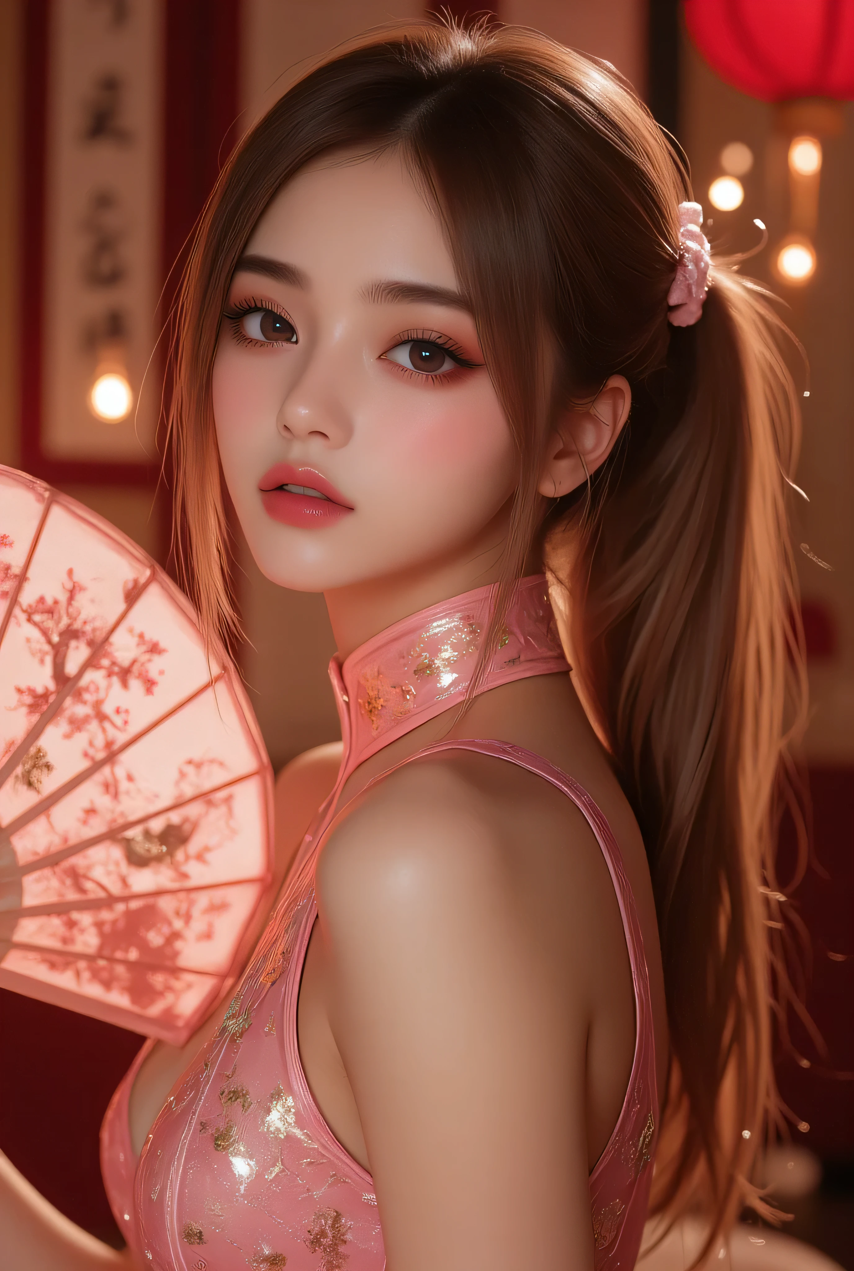 Cat ears、 face up, attractive, pretty girl, ponytail、 (( fine facial features , eroticism)), dramatic lighting , realistic , 8k, Dramatic Shadows , intricate and elaborate patterns , super detailed photo , chiaroscuro lighting , Pleasant colors , deep contrast , super real 、 pink lipstick、 warm room、Vintage Fireplace 、 cinematic composition、Close-up of face, pretty half part transparent open shoulder loose outfits dress, tang style, A beautiful Korean idol wearing a one piece red- black tightly cheongsam with phoenix and intricate floral golden embroidery, golden and silver outline on dress, hand hold pink feathers transparent Chinese fan with golden ink painting of bird and tree , standing gracefully in a room filled with traditional Chinese New Year decorations. The room features vibrant red lanterns, decorative calligraphy scrolls, a small Chinese orange tree with golden ornaments, and several red envelopes scattered across the floor and hanging from the tree. Adorable, playful cats are part of the scene—some sitting near the tree, others curiously pawing at the red envelopes or lounging around. Through a window or an open door in the background, vibrant Chinese fireworks light up the night sky in an array of reds, golds, and blues, casting a magical glow into the room. The idol’s outfit is paired with subtle accessories like red hairpins or earrings, complementing the festive look. The atmosphere is warm and lively, filled with the joyful essence of the celebration, enhanced by the shimmering lights of the fireworks and the lively decor.