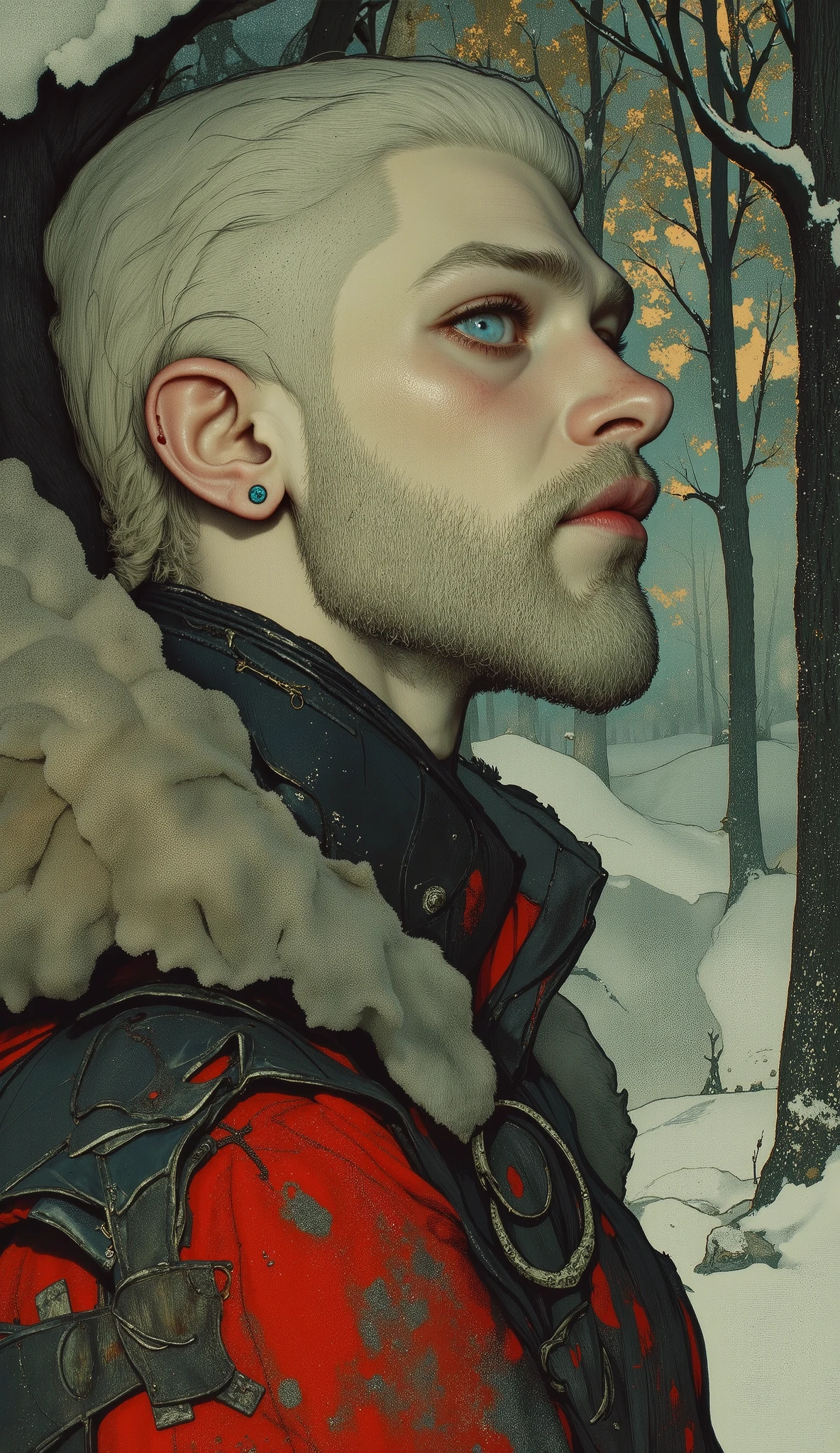 ((( Plan General :1.51) 1 A fierce Viking warrior with stunning blue eyes and platinum blonde hair, Standing in a Scandinavian winter forest , foto ultra detallada 8K altamente Realistic , dramatic lighting, cinematic composition , Epic fantasy scene, ( the best quality ,4k,8K, high resolution, masterpiece:1.2), ultra detailed , sharp focus,( Realistic,photo Realistic,photo- Realistic:1.37), very detailed face , extremely detailed facial features ,hyper Realistic skin texture, extremely fine details , intricate details, detailed eyes, Detailed nose , detailed lips photos, detailed facial expressions ,Intricate facial anatomy, intense lighting, dramatic lighting, changing lighting , cinematic lighting , chiaroscuro lighting , dramatic shadows ,dramatic moments, bright colors ,intense colors,Deep contrast, cinematic depth of field , cinematic composition , movie camera angle
