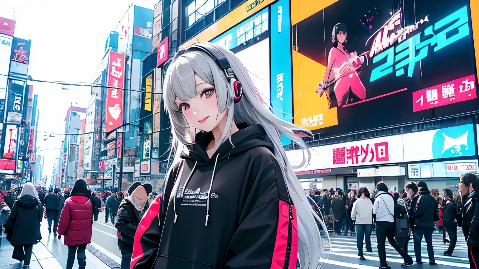 ( masterpiece, ultra detailed , clear focus , shadow, ultra high resolution , 8k, Perfection, perfect face, ( detailed face ), ( detailed eyes ), highlights on her eyes Best Quality 、 black street sneaker-like shoes with silver embellishments、blunt bangs, no stray hair、 gray hair、 Black Sheer、double eyelids、 gray eyes、 white skin, girl、one person、About 21 years old、 is smiling、F cup breasts、About 170 cm tall 、 is constricted、Beautiful, Shiny Hair 、She is wearing a black hoodie,I'm wearing a yellow down vest over my hoodie、I'm wearing black sweatpants 、a necklaceを身に着けている、night、Sitting on the roof of a skyscraper 、 she wears shoes that look like running shoes so that the angle of view is reflected from front to head to feet 、 bird view 、Overhead camera work、、 colorful headphones, biology,thunder, Neon glow, beauty, futuristic modern , rockstar , rock, Urgent, perfection, spectacular , bright color, Volume Lighting, best shadow, Shallow Depth of Field , , colorful illustration , gorgeous, magic , flicker, glare, neon garland , intricate details, very detailed、woman、A turntable full of laughter、mixer、 sampling machine 、Rhythm Box 、mixer,synthesizer、Stage Live Background、Spotlight perfection from behind 、Standing between buildings in Akihabara、 with both hands in pockets、 full body