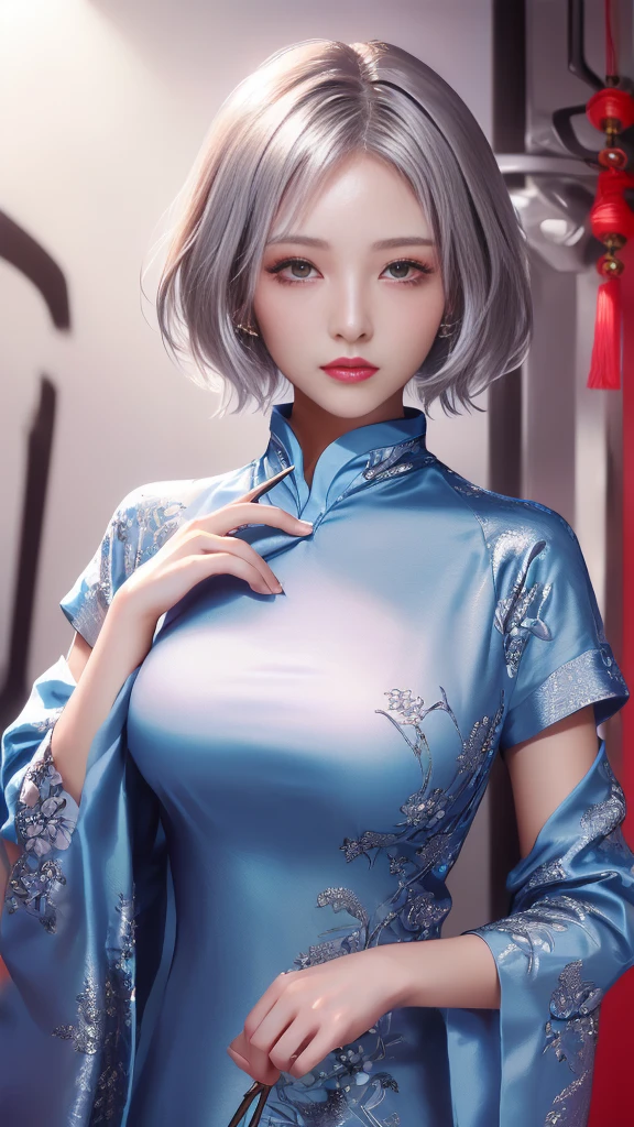 (Best Quality, Masterpiece: 1.2), Ultra High Resolution, Realistic, Front Lighting, Intricate Details, Exquisite Details and Textures, 1 Girl, Solo ,(Young), Face Highlights, Upper Body, Detailed Face, Tear Mole, Shiny Skin, Silver Hair, Ponytail, Braided Hair, Looking at the Audience, Big Eyes, Silk Robe, (Hollow Pattern, White, Silk), Earrings, Big Tits, Slim Body, Architecture, East Asia, Riverside, Lotus Leaf, Lotus, Forest, Professional Lighting, Photon Mapping, Teleportion, physically based rendering,