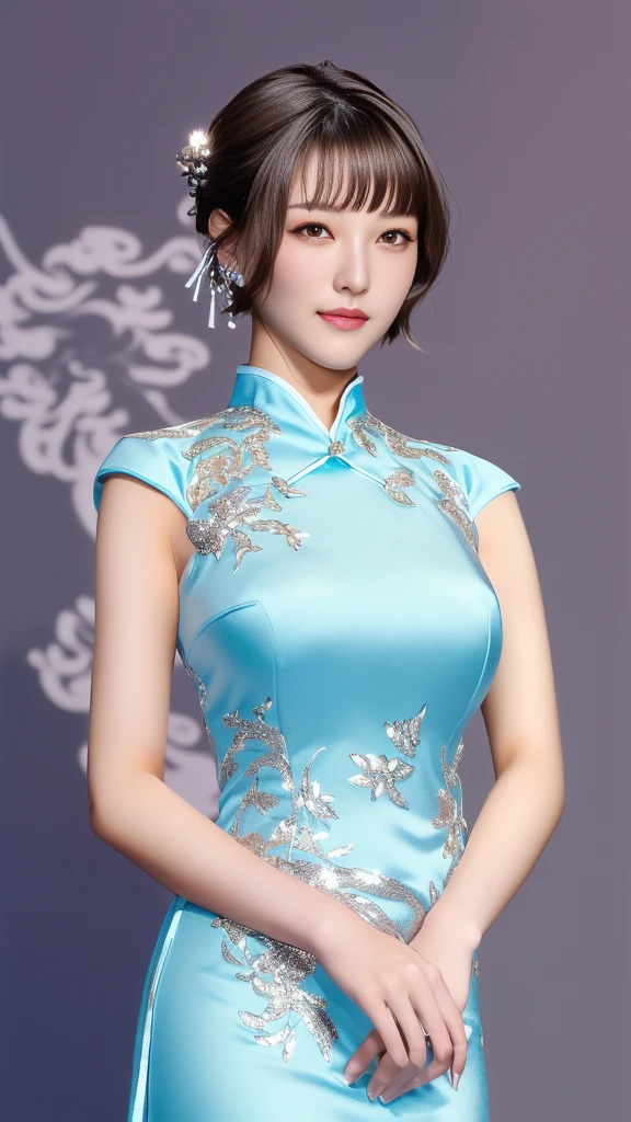 Wearing a silver cheongsam、Woman sitting on chair wearing satin gloves, top-quality, hight resolution, 8k, 1girl in, (Huge breasts :1.2), tag, with light glowing, (a person, crowd:1), (Glossy cheongsam:2.8, silver satin clothes:1.6, Glossy satin gloves:1.8,blanche:1.5), (bangss,length hair), Beautiful detailed sky, earring beautiful, (The upper part of the body:1.0), Soft lighting、the wind、shinny skin、looking at the viewers、a smile、(open open mouth)
