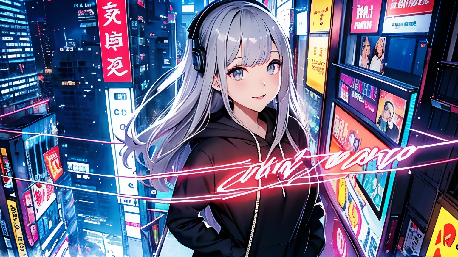 (  masterpiece,   ultra detailed  ,   clear focus , shadow,   ultra high resolution , 8k,  perfectionな解剖学,  perfect face, (  detailed face ), perfectionな目、(  detailed eyes  ),  highlights on her eyes Best Quality 、 wearing black street sneakers with silver decorations、blunt bangs, no stray hair、 gray hair、 Black Sheer、double eyelids、 gray eyes、 white skin, girl、One person、About 21 years old、 is smiling、F cup breasts、About 170 cm tall 、 is constricted、Beautiful, shiny hair、She is wearing a black hoodie,I'm wearing a yellow down vest over my hoodie、I'm wearing black sweatpants 、a necklaceを身に着けている、night、Sitting on the roof of a skyscraper 、 she wears shoes that look like running shoes so that the angle of view is reflected from front to head to feet 、 bird view 、Overhead camera work、、 colorful headphones, biology,thunder, Neon glow,  beauty, Futuristic modern , rockスター, rock, urgent, perfection, Spectacular,  bright color,  Volume Lighting,  best shadow,   Shallow Depth of Field  , ,   colorful illustration ,  gorgeous,  magic , Flicker,  glare,  neon garland , intricate details, very detailed、woman、Full of laughter 、Stage Live Background、背後からのスポットライトperfection 、Standing between buildings in Akihabara、 with both hands in pockets、 full body 