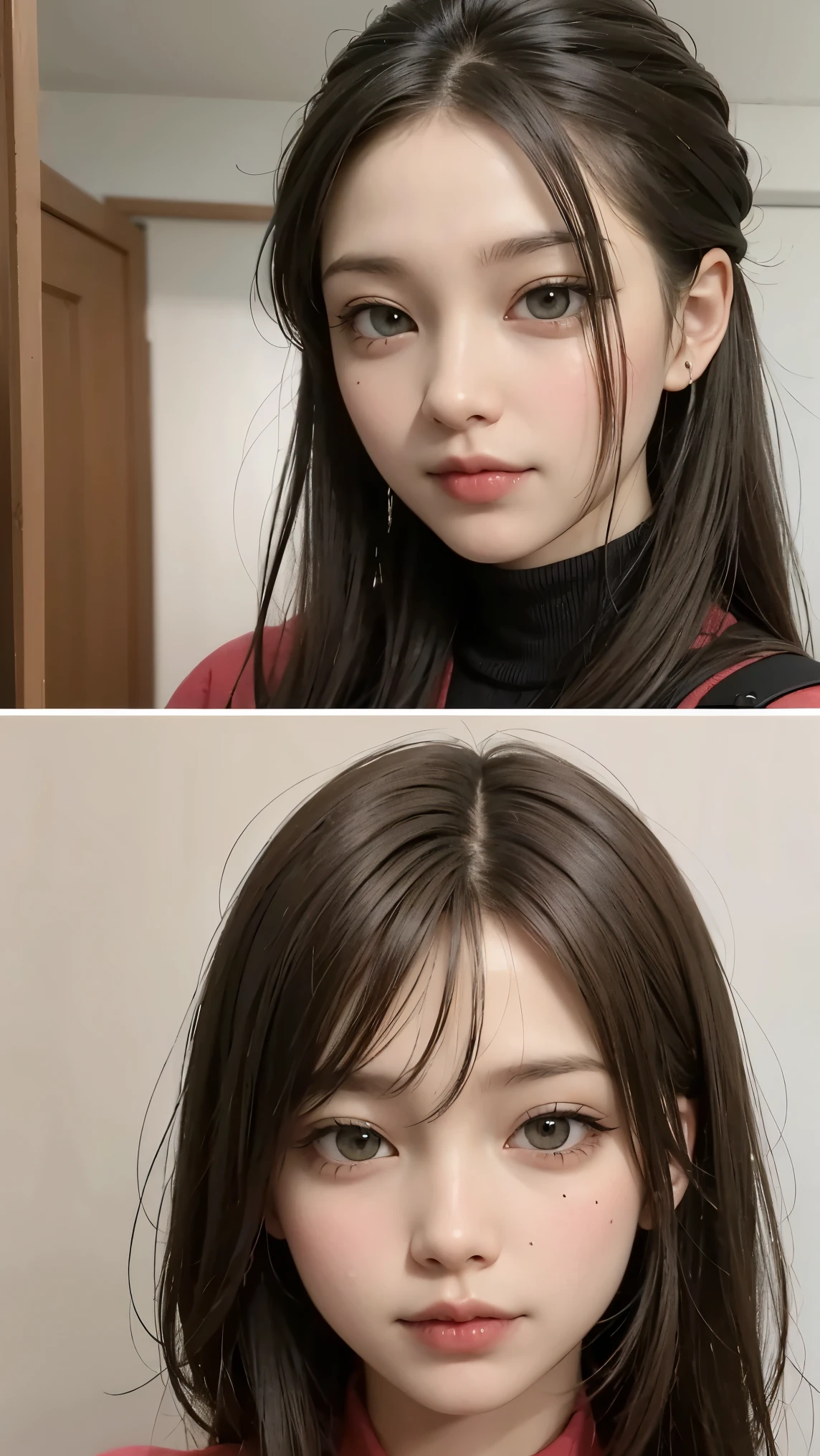 Top image quality、Raw photography、超A high resolution、18 year old cool Korean、soio、big round chest、room wear、Shiny hair、Beautiful Eyes of Details、very elongated eyes、Beautiful eyelashes、Beautiful double eyelids、eyeshadows、耳Nipple Ring、chest above close-up、Wall on grey background