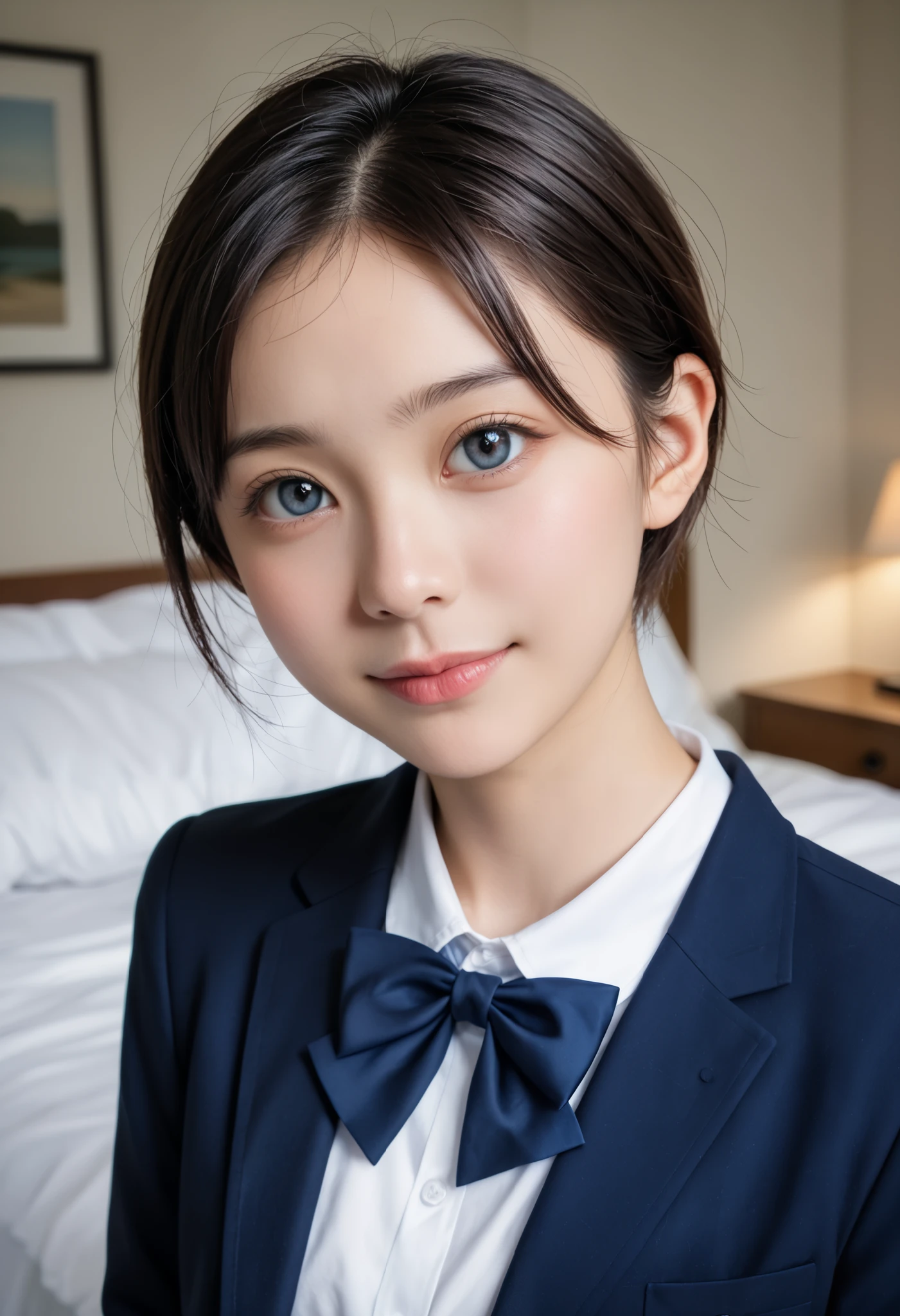 1 girl,3DCG, 3D character ,(とても cute女子高生:1.3), Masterpiece, top quality, high resolution,((( Photorealistic:1.4))), RAW photos , ray tracing, Physically Based Rendering, beautiful girl,(:1.4), white skin, cute, beautiful, attractive, Japanese,A faint smile,(detailed pupils:1.2),(The face is facing straight ahead:1.3),The body is facing forward,( big eyes:1.4), pretty eyes,Beautiful nose,Upturned nose, plump lips ,Short black hair, ponytail,( short hair:1.3),Detailed eyelashes, thin eyebrows, very fine eye definition,(silver ratio:1.3),( face close-up, face focus:1.2), small breasts, slim figure,Short neck,Round shoulders, school uniform , navy blue blazer, white shirt, bow tie,thick ribbon-shaped tie, upper body, girls' room, 's room, bed,machine,Early summer sunlight streaming through the window,Soft diffused light, movie lights, high resolution, very detailed
