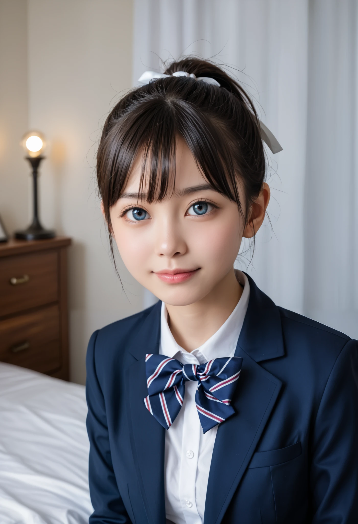 1 girl,3DCG, 3D character ,(とても cute女子高生:1.3), Masterpiece, top quality, high resolution,((( Photorealistic:1.4))), RAW photos , ray tracing, Physically Based Rendering, beautiful girl,(:1.4), white skin, cute, beautiful, attractive, Japanese,A faint smile,(detailed pupils:1.2),(The face is facing straight ahead:1.3),The body is facing forward,( big eyes:1.4), pretty eyes,Beautiful nose,Upturned nose, plump lips ,Short black hair, ponytail,( short hair:1.3),Detailed eyelashes, thin eyebrows, very fine eye definition,(silver ratio:1.3),( face close-up, face focus:1.2), small breasts, slim figure,Short neck,Round shoulders, school uniform , navy blue blazer, white shirt, bow tie,thick ribbon-shaped tie, upper body, girls' room, 's room, bed,machine,Early summer sunlight streaming through the window,Soft diffused light, movie lights, high resolution, very detailed