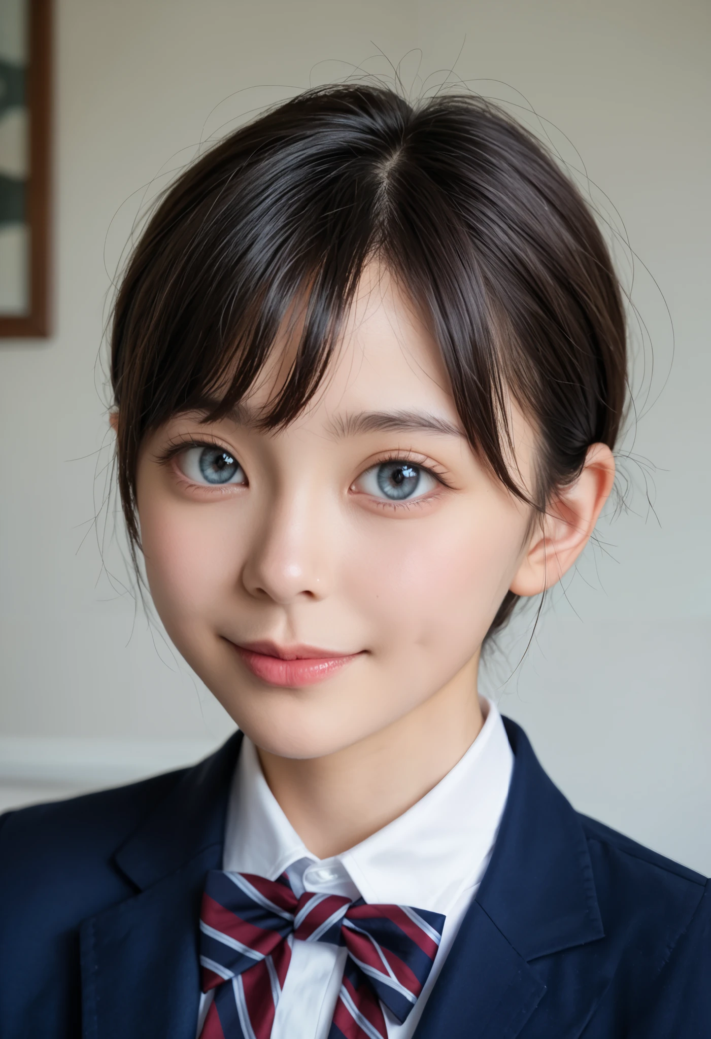 1 girl,3DCG, 3D character ,(とても cute女子高生:1.3), Masterpiece, top quality, high resolution,((( Photorealistic:1.4))), RAW photos , ray tracing, Physically Based Rendering, beautiful girl,(:1.4), white skin, cute, beautiful, attractive, Japanese,A faint smile,(detailed pupils:1.2),(The face is facing straight ahead:1.3),The body is facing forward,( big eyes:1.4), pretty eyes,Beautiful nose,Upturned nose, plump lips ,Short black hair, ponytail,( short hair:1.3),Detailed eyelashes, thin eyebrows, very fine eye definition,(silver ratio:1.3),( face close-up, face focus:1.2), small breasts, slim figure,Short neck,Round shoulders, school uniform , navy blue blazer, white shirt, bow tie,thick ribbon-shaped tie, upper body, girls' room, 's room, bed,machine,Early summer sunlight streaming through the window,Soft diffused light, movie lights, high resolution, very detailed