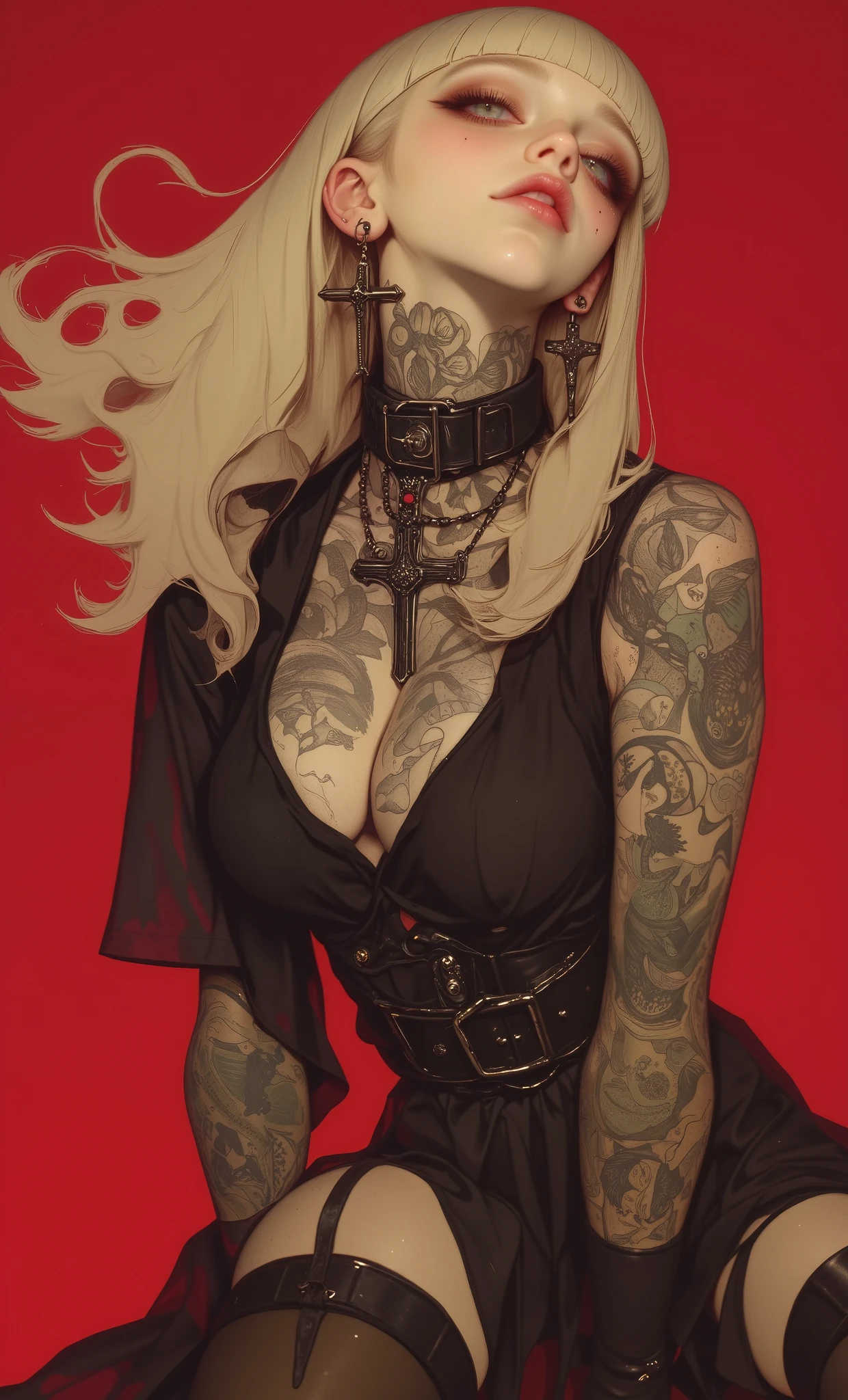 straight-haired blonde woman moving in the wind , bangs up to the eyebrows:1.4, with tattoos on her arms and legs posing for a photo , Portrait of Kim Petras, ava max, dog collar with punk-style spikes on her neck, using spikes and piercings , modeled photograph Kerli Koiv , jersey she looks like a mix of Grimes , wearing a black collar , usando un intrincado collar negro, The answer ( Yolandi Pescador ), Photo from a promotional session , hyperrealistic style, (red wine red background )
