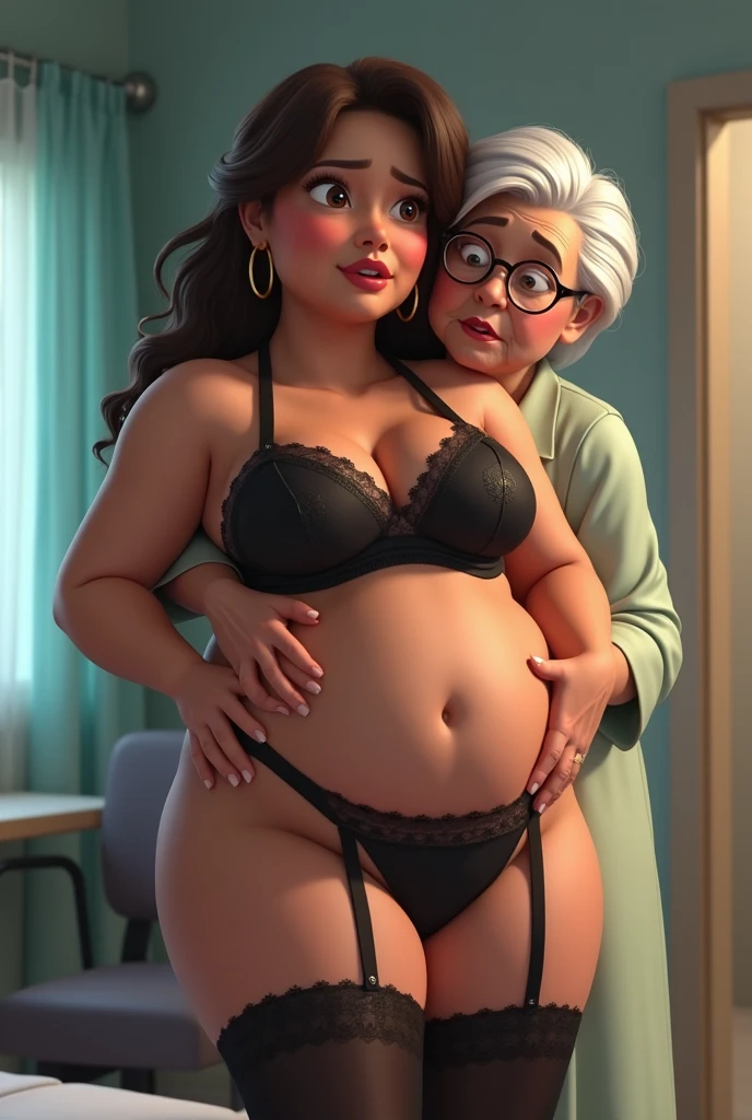 Pixar style image of a white Brazilian woman, medium dark hair, Lipedema, legs thick, wide hip. Wear panties and bra.She stands in front of a mirror and looks at her own body.. 