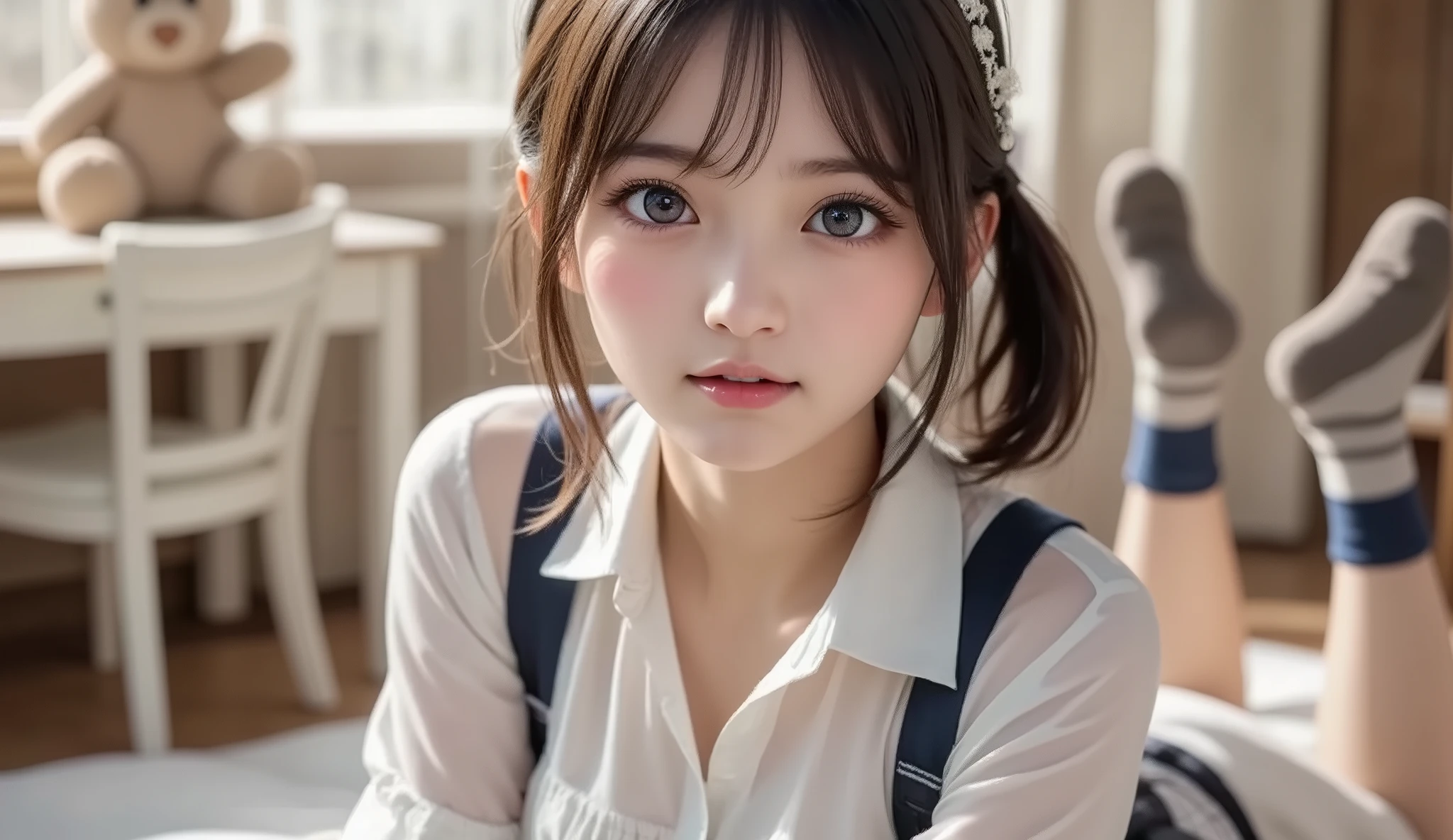 (Best-quality, Masterpiece, Ultra-High-Resolution, (Photorealistic:1.5), Raw Photo, depth of field, professional lighting, perfect anatomy, extremely details), 1girl, 15-years-old, the most famous Japanese idol, (extremely cute face like the most popular Japanese idol, ((extremely cute and extremely big eyes)), extremely beautiful hair, extremely beautiful skins), extremely cute long-eyelashes, extremely cute lips, 
in private-room, 
wearing pajamas with cute-design, detailed pajamas-with-cute-design, 
(she has reached orgasm only by imagination because she has felt unusually sexually aroused by ingesting large quantities of sex drugs.):1.3)

