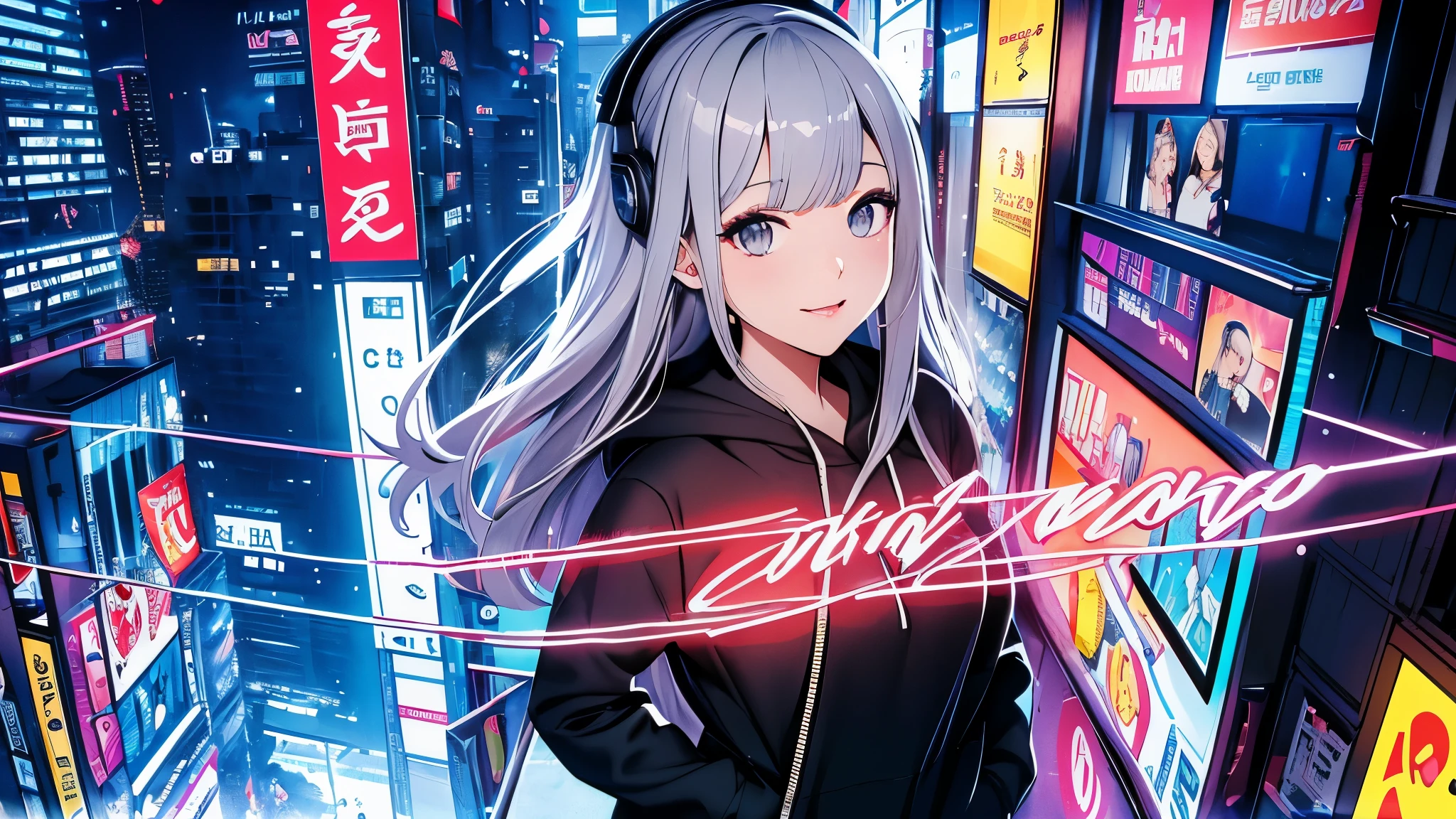 ( masterpiece, ultra detailed , clear focus , shadow, ultra high resolution , 8k, perfectionな解剖学, perfect face, ( detailed face ), perfectionな目、( detailed eyes ), highlights on her eyes Best Quality 、 silver decorations on top of the hoodie、blunt bangs, no stray hair、 gray hair、 Black Sheer、double eyelids、 gray eyes、 white skin, girl、One person、About 21 years old、 is smiling、F cup breasts、About 170 cm tall 、 is constricted、Beautiful, shiny hair、She is wearing a black hoodie,I'm wearing a yellow down vest over my hoodie、I'm wearing black sweatpants 、a necklaceを身に着けている、night、Sitting on the roof of a skyscraper 、 she wears shoes that look like running shoes so that the angle of view is reflected from front to head to feet 、 bird view 、Overhead camera work、、 colorful headphones, biology,thunder, Neon glow, beauty, Futuristic modern , rockスター, rock, urgent, perfection, Spectacular, bright color, Volume Lighting, best shadow, Shallow Depth of Field , , colorful illustration , gorgeous, magic , Flicker, glare, neon garland , intricate details, very detailed、woman、Full of laughter 、Stage Live Background、背後からのスポットライトperfection 、Standing between buildings in Akihabara、 with both hands in pockets、 full body