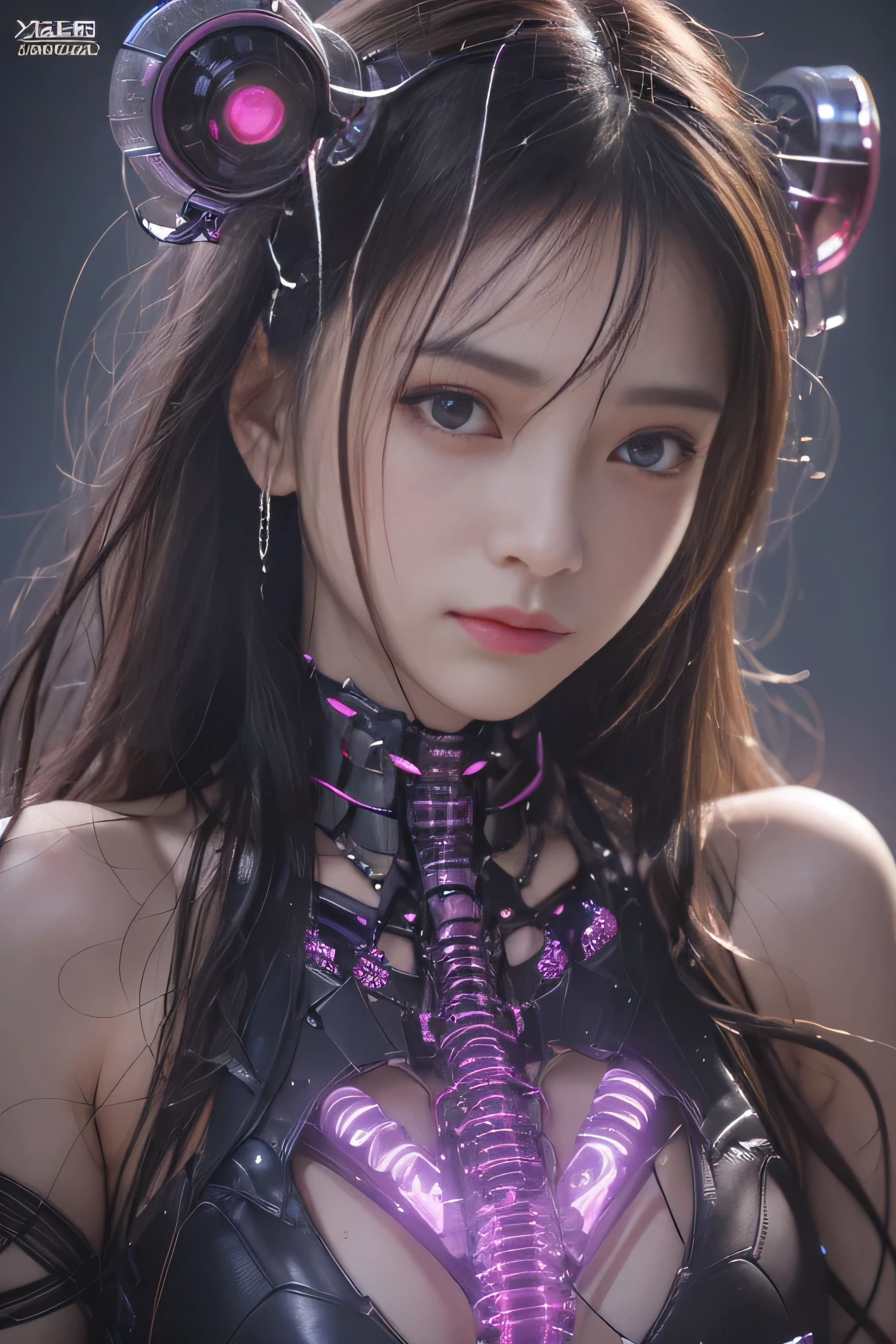 highest quality、masterpiece、Ultra-high resolution、(Photorealistic:1.4)、RAW Photos、1 girl、Black Hair、Glowing Skin、1 Cyberpunk Girl、((Ultra-Realistic Details))、Portrait、Global Illumination、Shadow、Octane Rendering、8k、Super sharp、Huge 、Bare skin exposed in the cleavage、Metal、Intricate decorative details、More about Sumer、Very intricate detail、Realistic Light、CGSoation Trend、Purple eyes、Glowing Eyes、To the camera、Neon Detailechanical Limbechanical vertebrae attached to the back of the blood vessels connected to the tubes、Attaching a mechanical cervical vertebra to the neck、Sit on、Wires and cables connected to the head、Small LED Lamp、glowing tube、