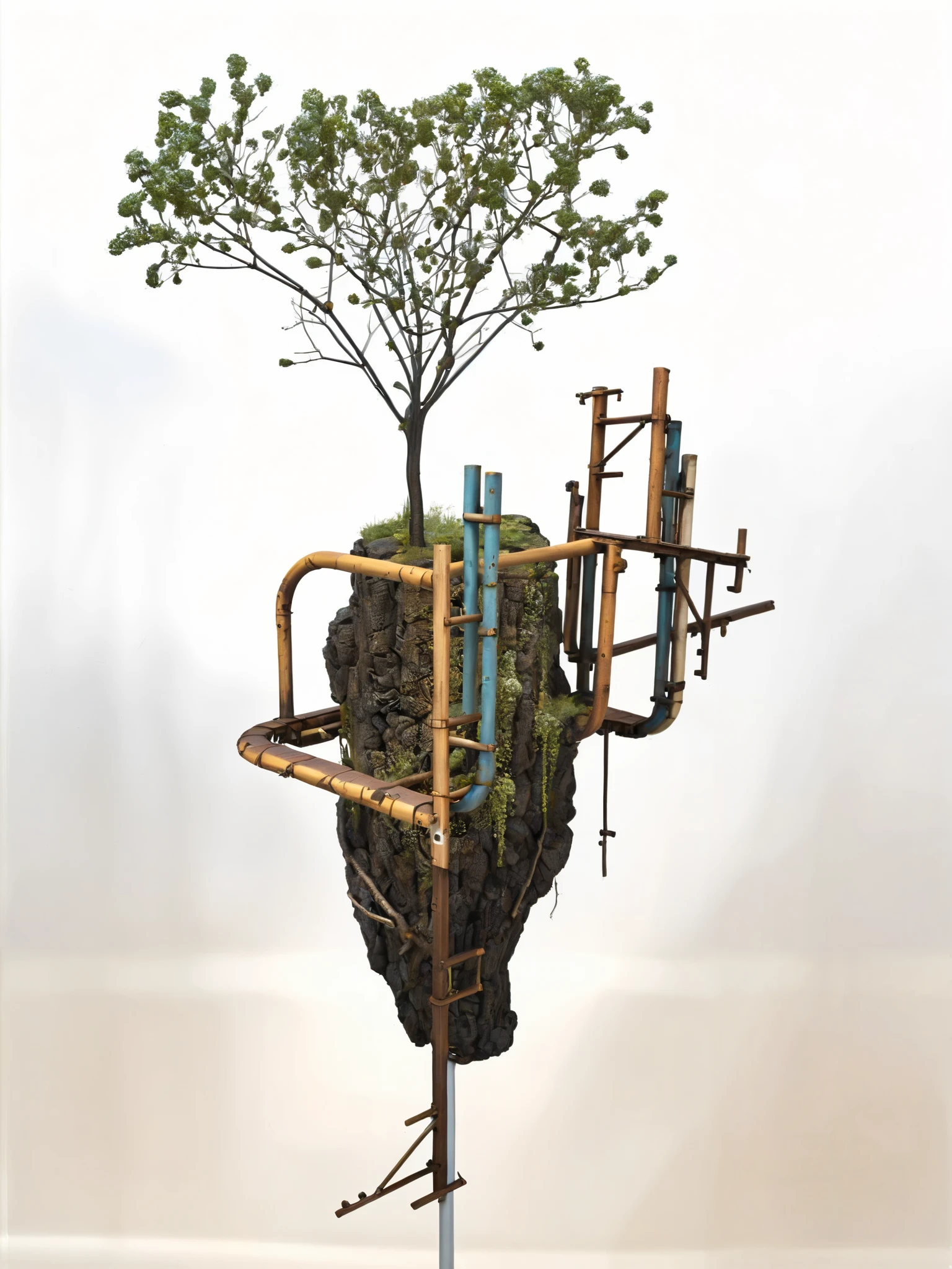 there is a sculpture of a tree with a ladder on it, environmental artwork, surreal metal sculpture, contemporary sculpture, mechanical vegetal cyborg, environmental art, inspired by Matthias Jung, sculpture, new sculpture, ecological art, elliot alderson, david hardy, metal sculpture, original and creative landscape, with a small forest, a surrealist sculpture, full height sculpture