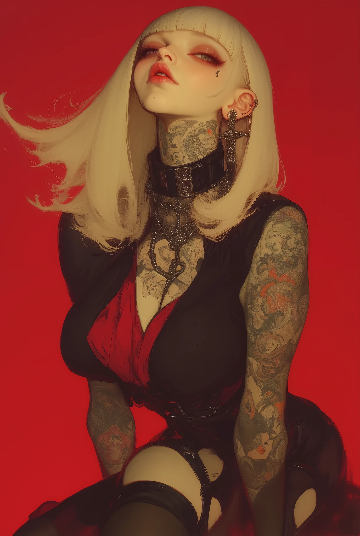 straight-haired blonde woman moving in the wind , bangs up to the eyebrows:1.4, face tilted upwards , sensually squinting eyes half-open mouth , red in color, with tattoos on her arms and legs posing for a photo , Portrait of Kim Petras, ava max, tight and sexy black clothing :1.32, dog collar with punk-style spikes on the neck, using spikes and piercings , modeled photograph Kerli Koiv , jersey she looks like a mix of Grimes , wearing a black collar , usando un intrincado collar negro, The answer ( Yolandi Pescador ), Photo from a promotional session , hyperrealistic style, (red wine red background ), chiaroscuro, cinematic lighting, drop shadow, backlighting, multiple monochrome, UHD, Retina, masterpiece, Accurate, Anatomically Correct , textured skin, Super detail, high details, high quality, award winning , best quality, highres, 1080P, HD, 16K