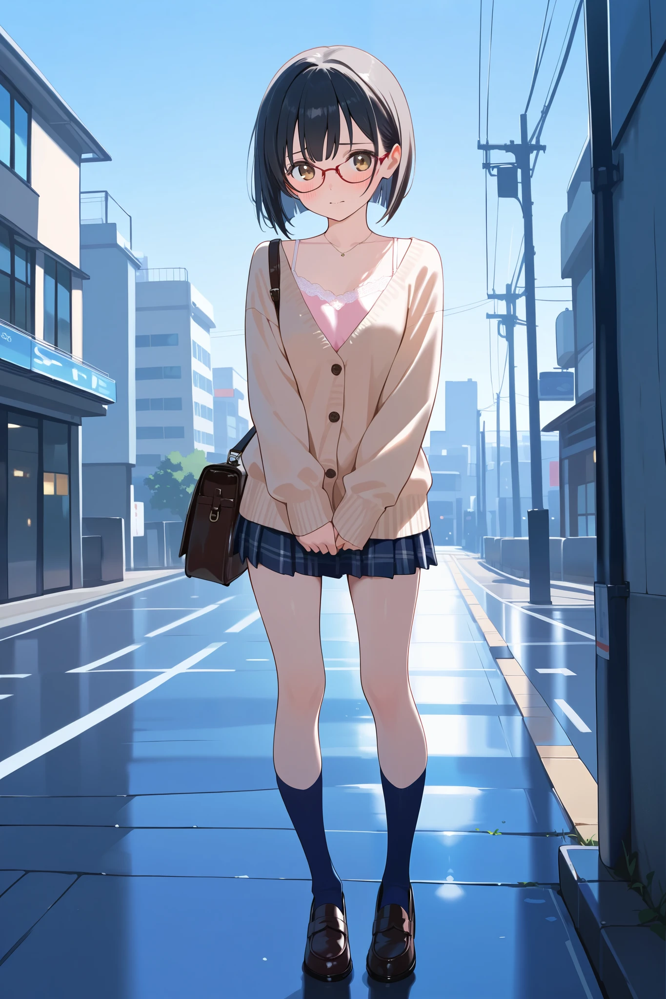 masterpiece, best quality, high quality, detailed, highly detailed, professional quality, BREAK, front view, full body, BREAK, 1girl, short stature, slim, short black hair, bob cut, glasses, (light brown eyes), BREAK, (flat breasts : 1.2), (bra strap peek), (bra peek : 0.8), white bra, BREAK, Lace Camisole under cardigan, rosy brown cardigan, pastel pink camisole, BREAK, short skirts, check skirt, BREAK, loafer, navy blue socks, BREAK, pink watch, BREAK, holding brawn bag, leather bag, necklace, BREAK, shy, embarrassed, looking at viewer, standing, dynamic pose, BREAK, blue sky, city, bustling Tokyo street