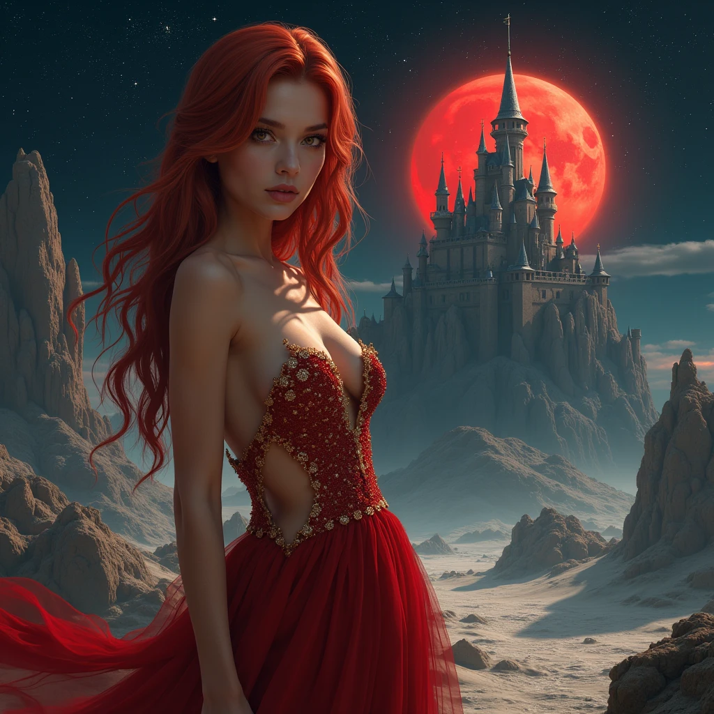 (masterpiece, Dark: 1.3), a captivating fantasy scene in the captivating style of Luis Royo, featuring a (red hair woman with long hair: 1.3) in the midst of a mysterious and terrifying dark castle. <lora:wowifierXL:0.5> ((very detailed woman, face with great detail and perfect eyes)) <lora:PerfectEyesXL:0.7> (perfecteyes)