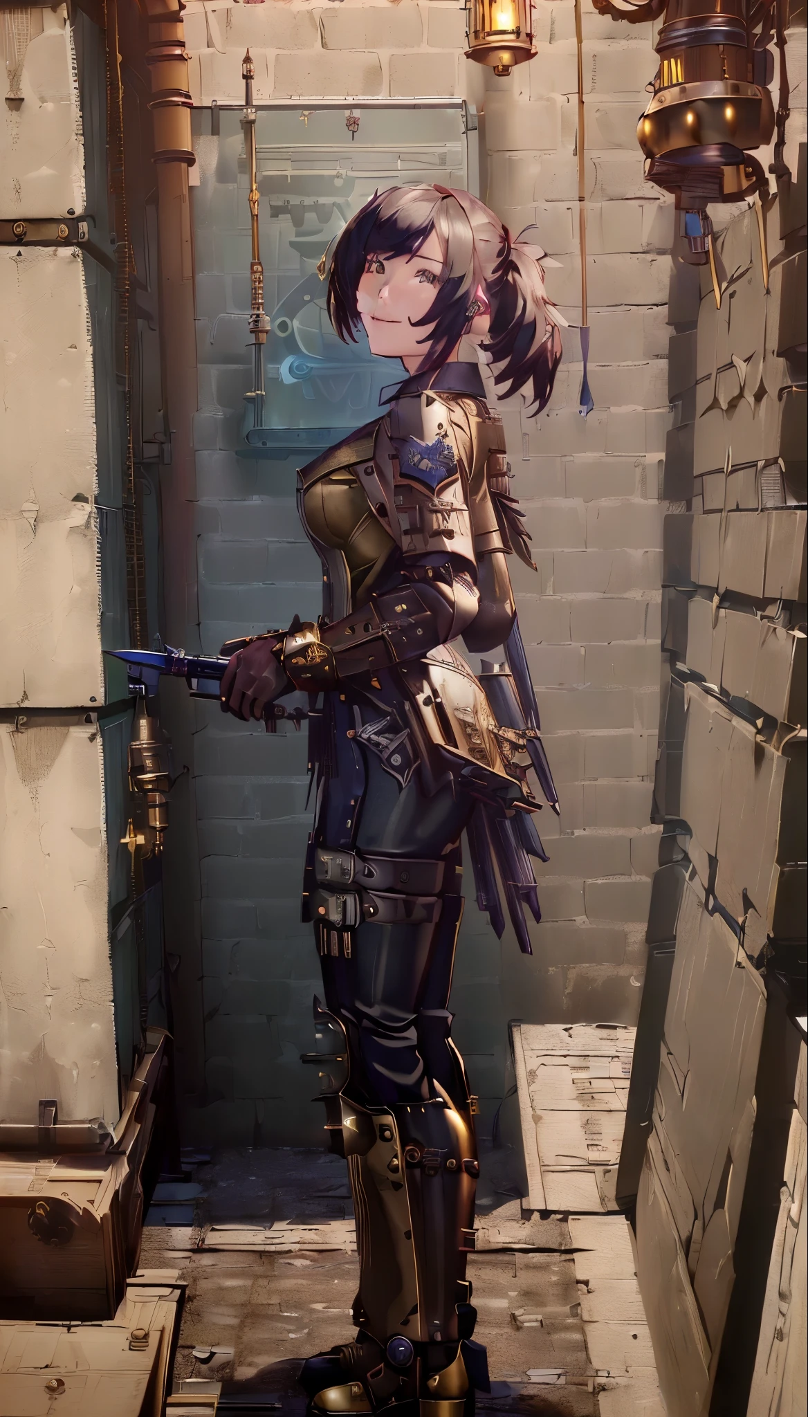 ((highest quality, 8k, masterpiece :1.3)), One girl, smile, (((Woman warrior:1.2, Detailed Weapons, Combat Uniform))), (((steampunk))), city, Crowded buildings, exposed gear and pipes, gear, (Thick Pipe), Covered Bridge, Gloomy Weather, chimney, Awkward mechanical device, irregular buildings,