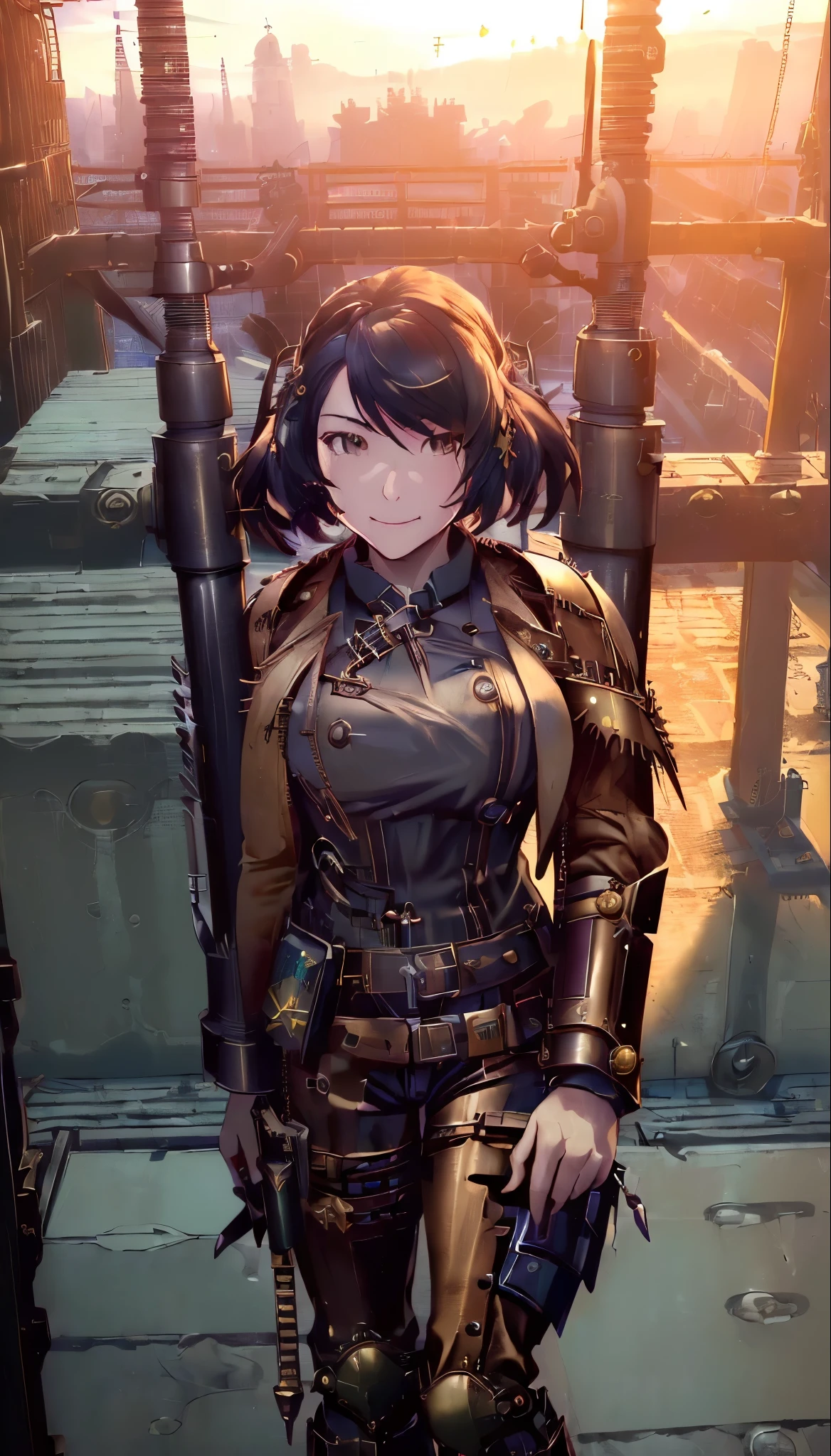 ((highest quality, 8k, masterpiece :1.3)), One girl, smile, (((Woman warrior:1.2, Detailed Weapons, Combat Uniform))), (((steampunk))), city, Crowded buildings, exposed gear and pipes, gear, (Thick Pipe), Covered Bridge, Gloomy Weather, chimney, Awkward mechanical device, irregular buildings,