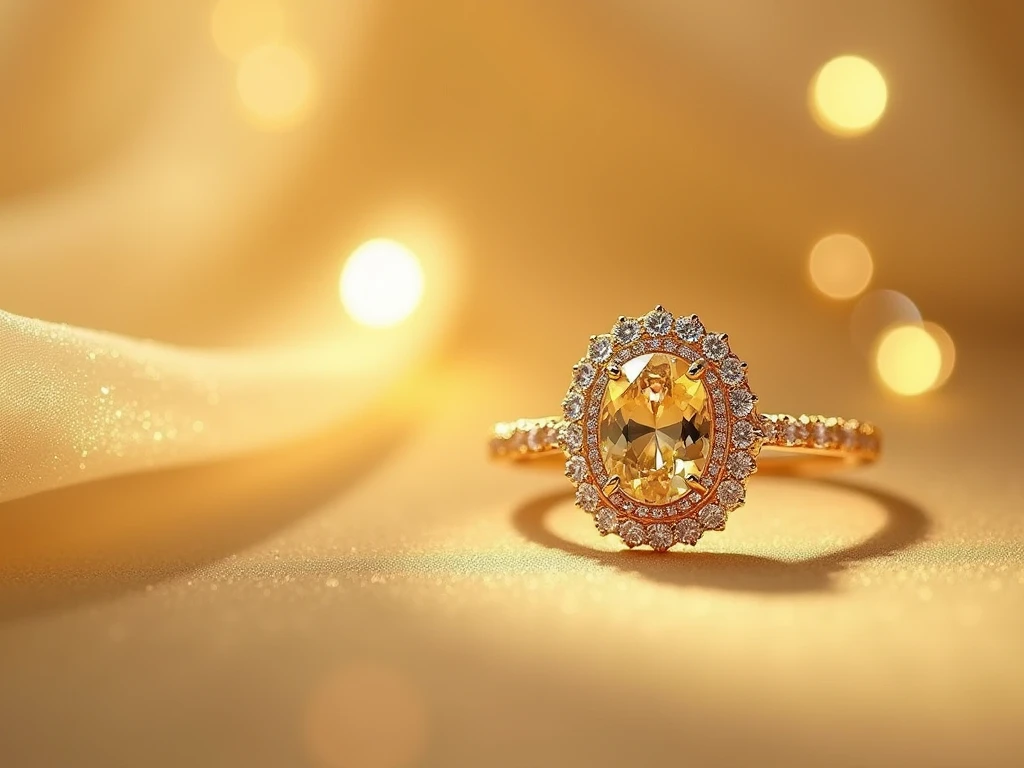 imagine prompt: A luxurious gold ring adorned with a captivating twist design, culminating in a dazzling diamond set atop the elegant curvature, catching and refracting the light with every movement, symbolizing the eternal bond of love and commitment, Photography, DSLR with a macro lens (100mm), f/2.8 aperture, --ar 16:9 --v 5