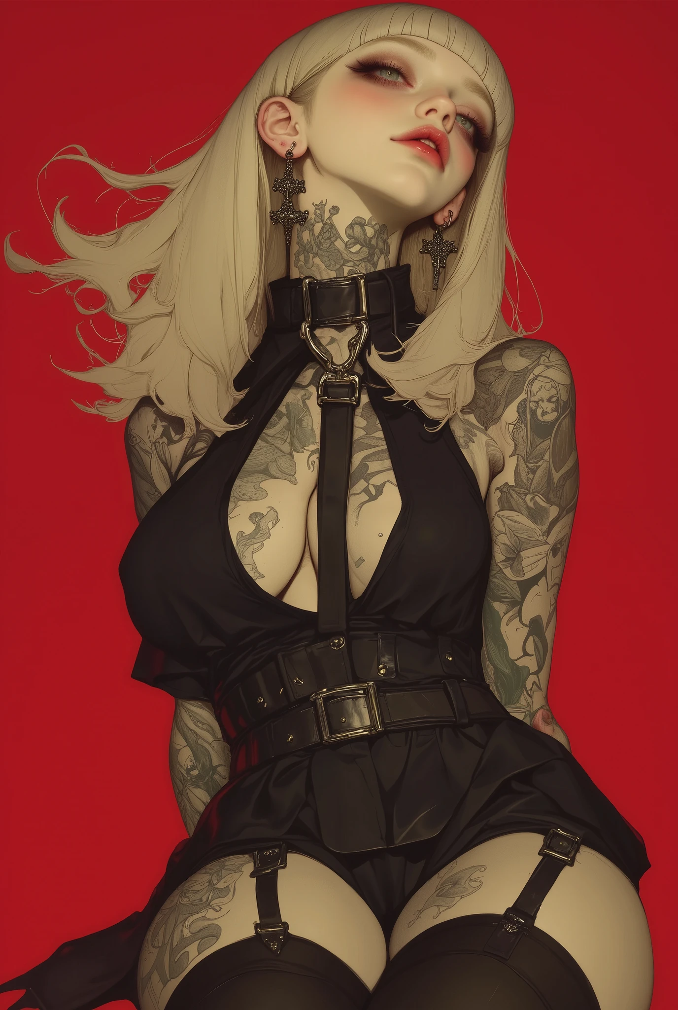  straight-haired blonde woman moving in the wind ,  bangs up to the eyebrows:1.4, beautiful and sensual face ,  sensually squinting eyes half-open mouth , red in color, with tattoos on her arms and legs posing for a photo , Portrait of Kim Petras, ava max, tight and sexy black clothing :1.32,  dog collar with punk-style spikes on the neck,  using spikes and piercings ,  modeled photograph Kerli Koiv ,  jersey she looks like a mix of Grimes ,  wearing a black collar , usando un intrincado collar negro, The answer  (  Yolandi Pescador  ),  Photo from a promotional session ,  hyperrealistic style, ( black background)