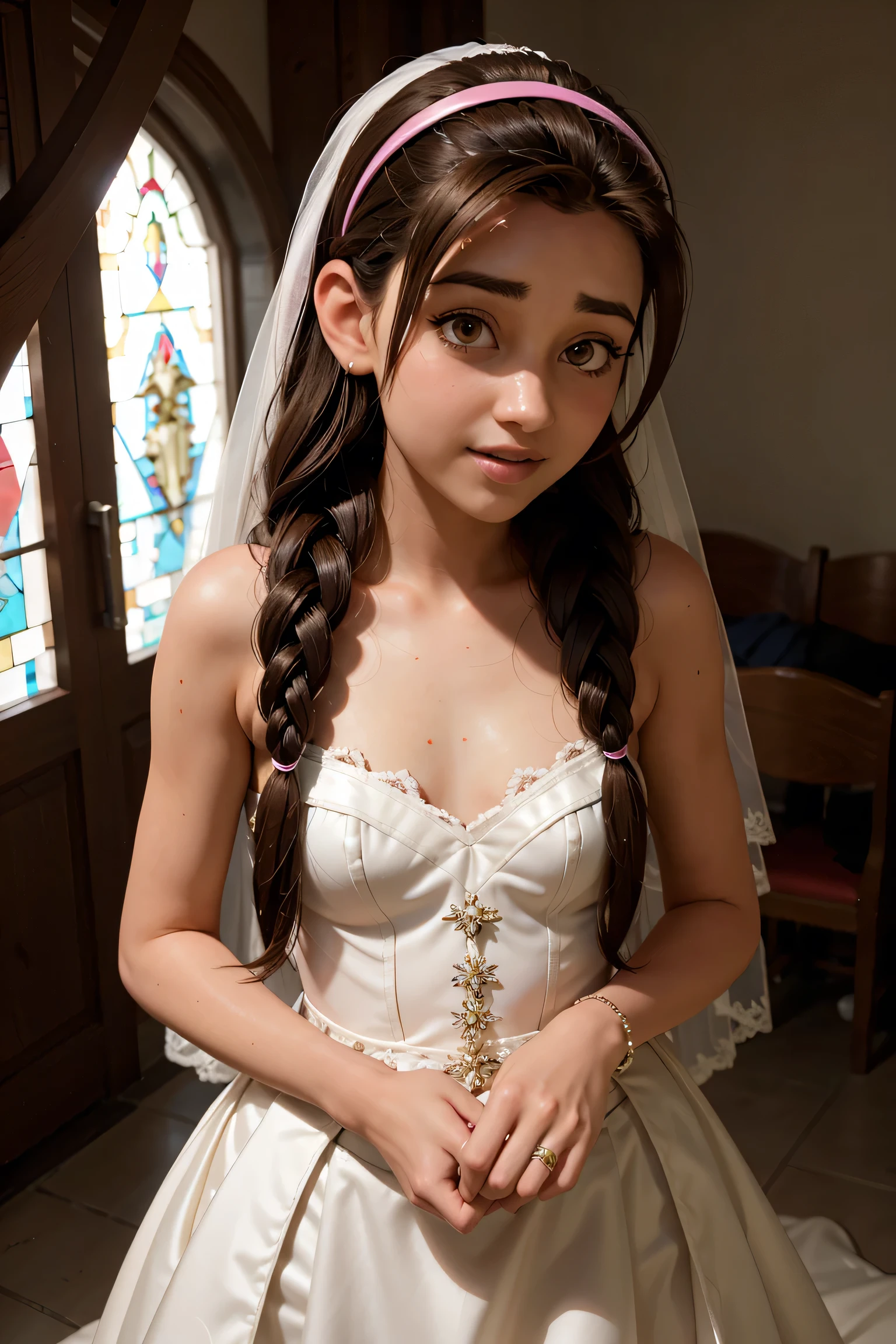 An impressive and intricate full color portrait, Ultra-HD a girl, brown hair with 2 braids, brown eyes, pink headband, detailed face, dressed in a white wedding dress, no logos, epic character composition, alessio albi, nina masic, sharp focus, natural lighting, subsurface dispersion, f2, 35mm, happy smile, curvy, white shoes with high heels, white bridal veil, white stockings, wedding, bride, standing, church.