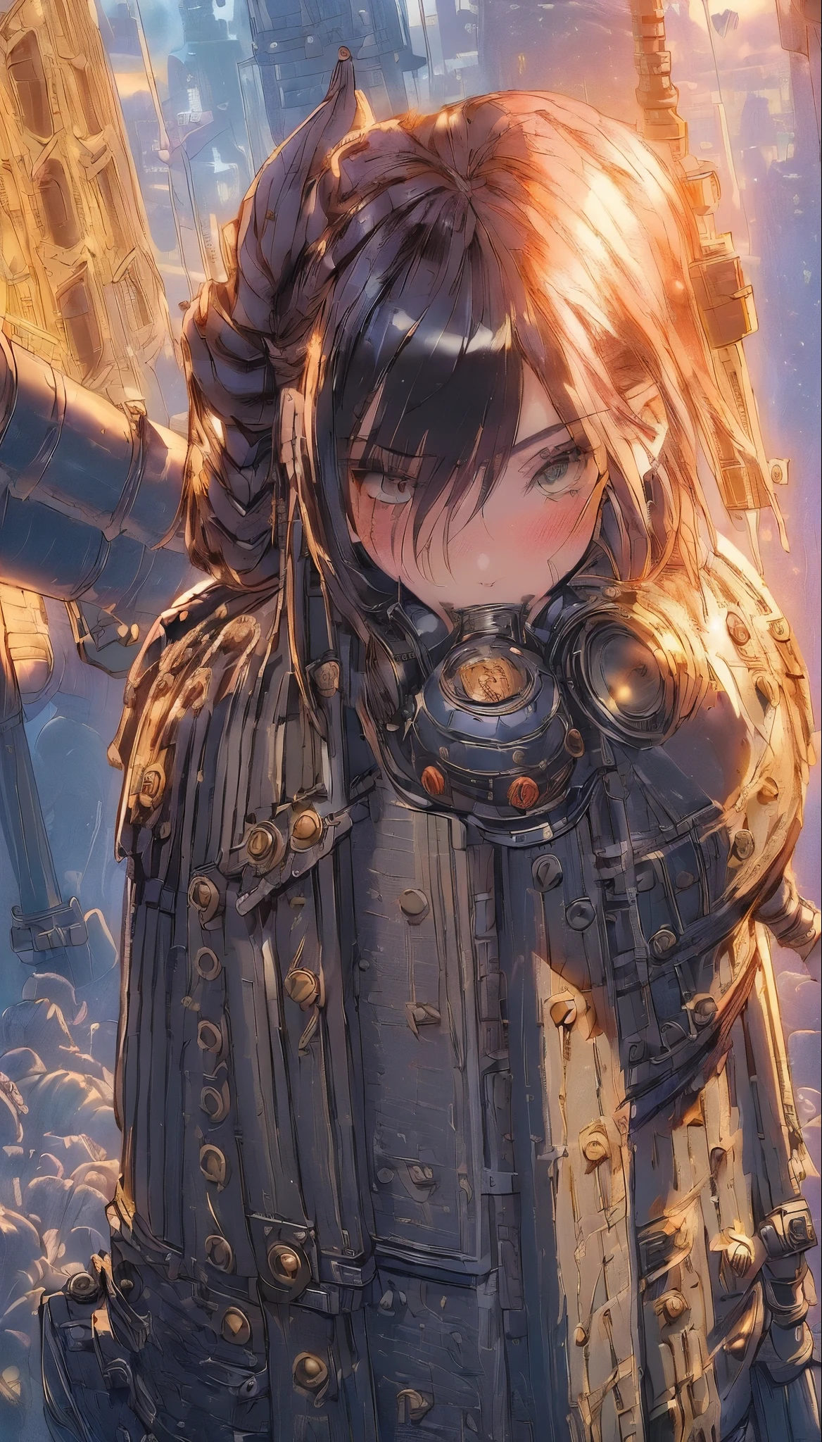 ((highest quality, 8k, masterpiece :1.3)), One girl, smile, (((Woman warrior:1.2, Detailed Weapons, Combat Uniform))), (((steampunk))), city, Crowded buildings, exposed gear and pipes, gear, (Thick Pipe), Covered Bridge, Gloomy Weather, chimney, Awkward mechanical device, irregular buildings, blowjob_suspende, deepthroat