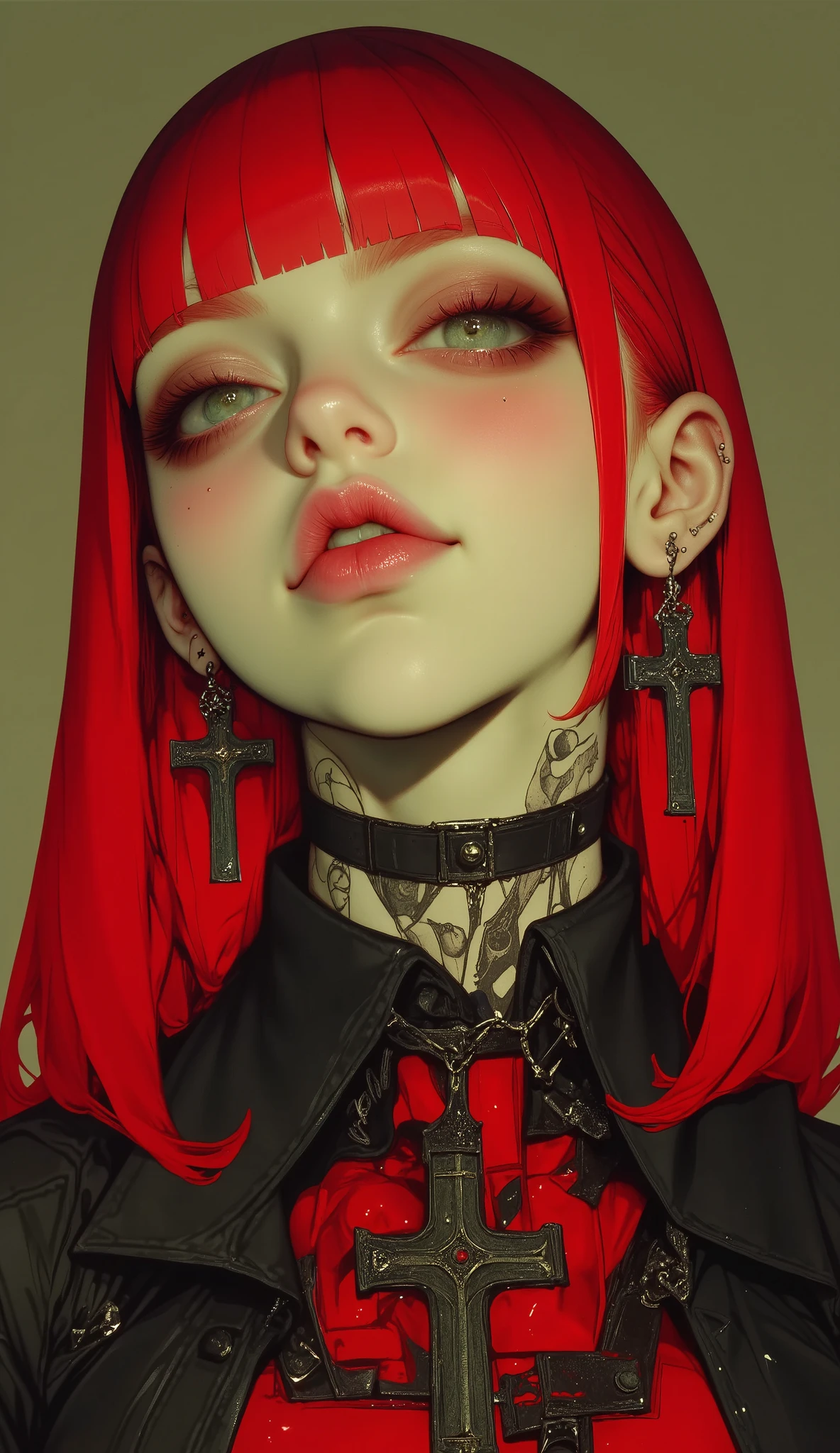 Straight-haired red-haired woman moving in the wind, bangs up to the eyebrows:1.4, beautiful and sensual face , sensually squinting eyes half-open mouth , red in color, with tattoos on her arms and legs posing for a photo , Portrait of Kim Petras, ava max, tight and sexy black clothing :1.32, dog collar with punk-style spikes on the neck, using spikes and piercings , modeled photograph Kerli Koiv , jersey she looks like a mix of Grimes , wearing a black collar , usando un intrincado collar negro, The answer ( Yolandi Pescador ), Photo from a promotional session , hyperrealistic style, (olive green background )