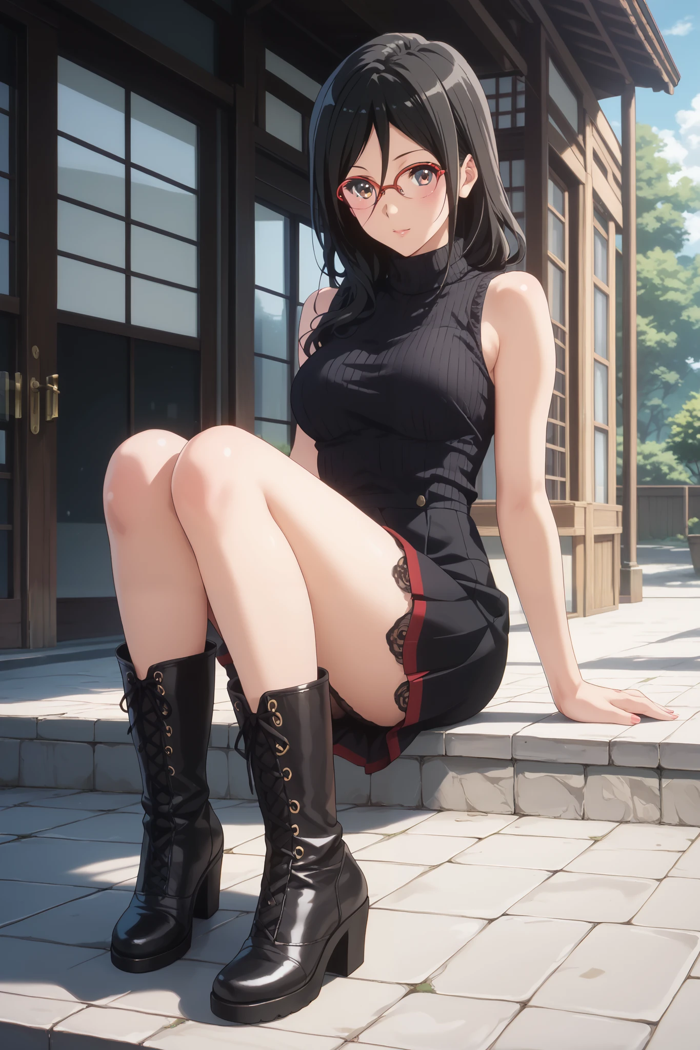 (inspired by Asuka Tanaka ),((inspired by Japanese woman))(masterpiece, best quality),beautiful, beautiful-woman, ((detailed face)).(full body:1.3).,
The woman is wearing a black sleeveless turtleneck sweater and skirt , black lace-trimmed over-knee-stockings,black boots,1-woman,(red-framed glasses:1.2), black hair, (shoot from front:1.5),The background is cafe