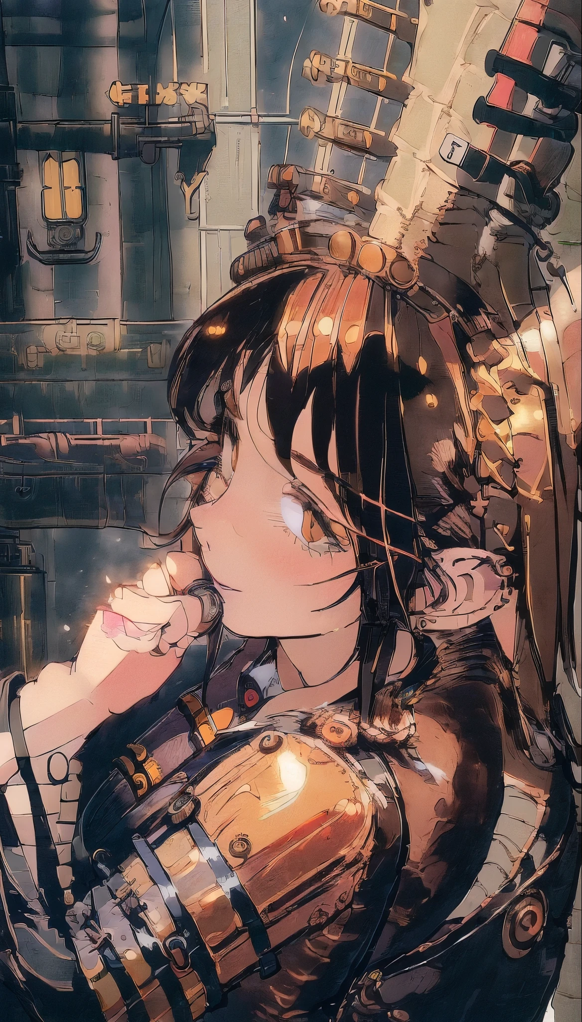 ((highest quality, 8k, masterpiece :1.3)), One girl, smile, (((Woman:1.2, Detailed body, high school Uniform))), (((steampunk))), city, Crowded buildings, exposed gear and pipes, gear, (Thick Pipe), Covered Bridge, Gloomy Weather, chimney, Awkward mechanical device, irregular buildings, blowjob_suspende, deepthroat