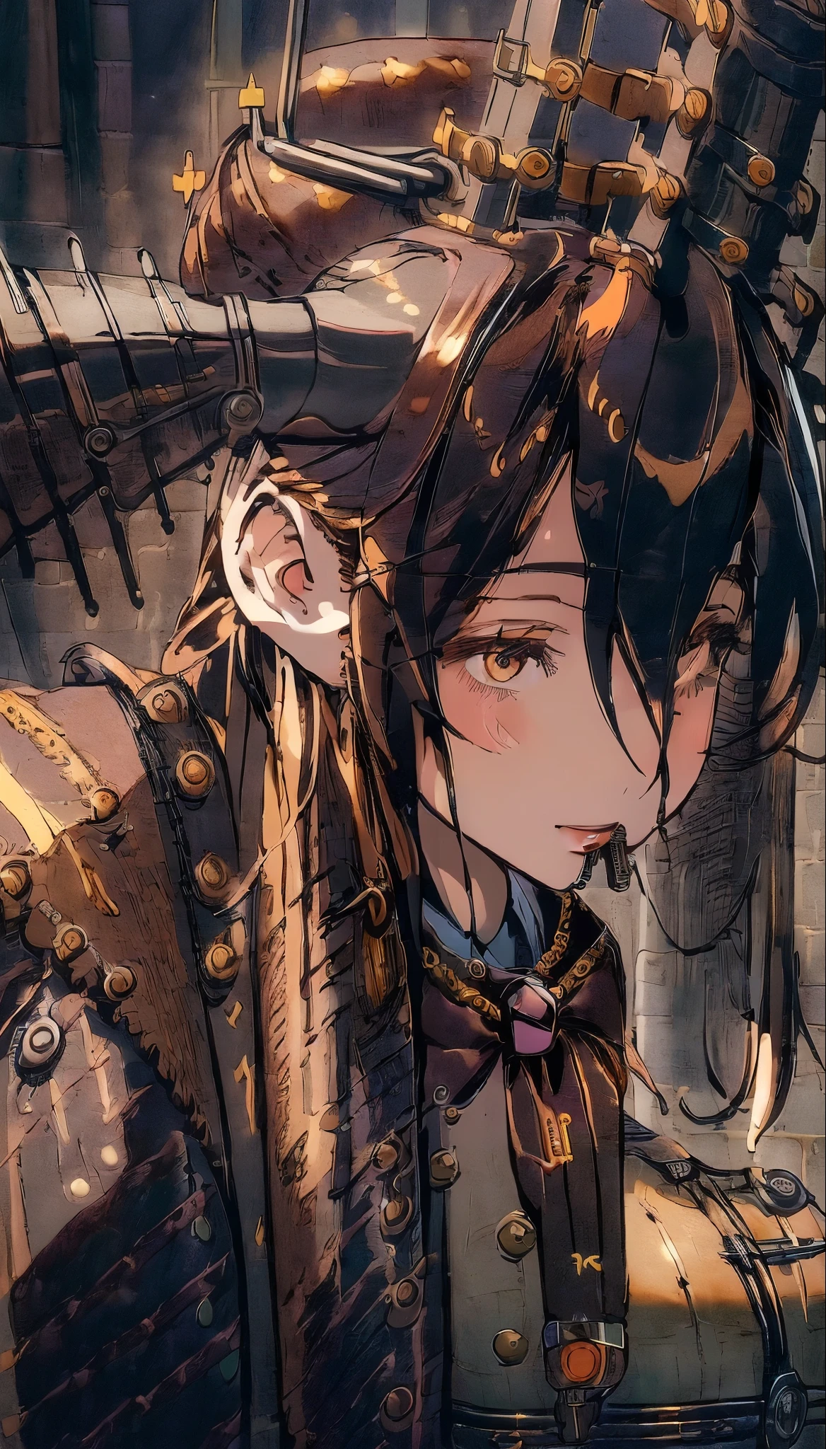 ((highest quality, 8k, masterpiece :1.3)), One girl, smile, (((Woman:1.2, Detailed body, high school Uniform))), (((steampunk))), city, Crowded buildings, exposed gear and pipes, gear, (Thick Pipe), Covered Bridge, Gloomy Weather, chimney, Awkward mechanical device, irregular buildings, blowjob_suspende, deepthroat