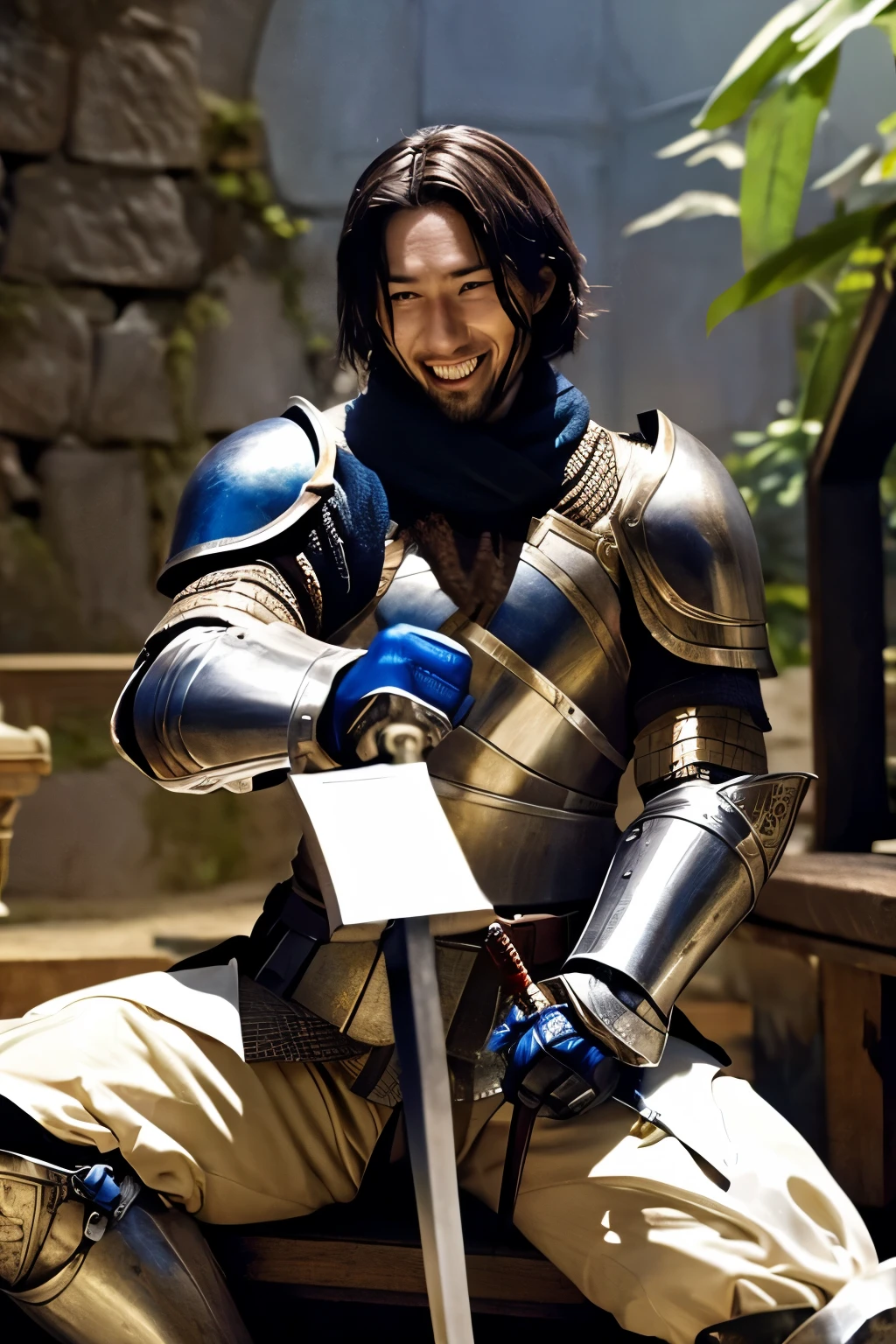      TOP QUALITY   ,   Masterpiece,      high resolution,       laughing while sitting  ,  Knight's Armor ,  Ready to go to the battlefield with a sword in your hand 、Ready to go to battle  