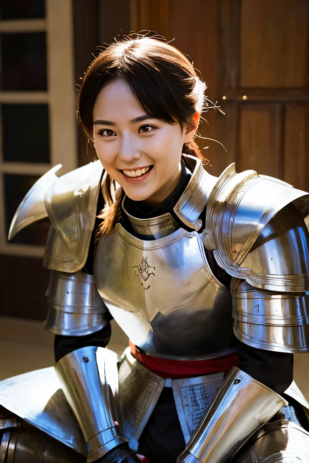 TOP QUALITY , Masterpiece, high resolution, laughing while sitting , Knight's Armor , Ready to go to the battlefield with a sword in your hand 、Ready to go to battle