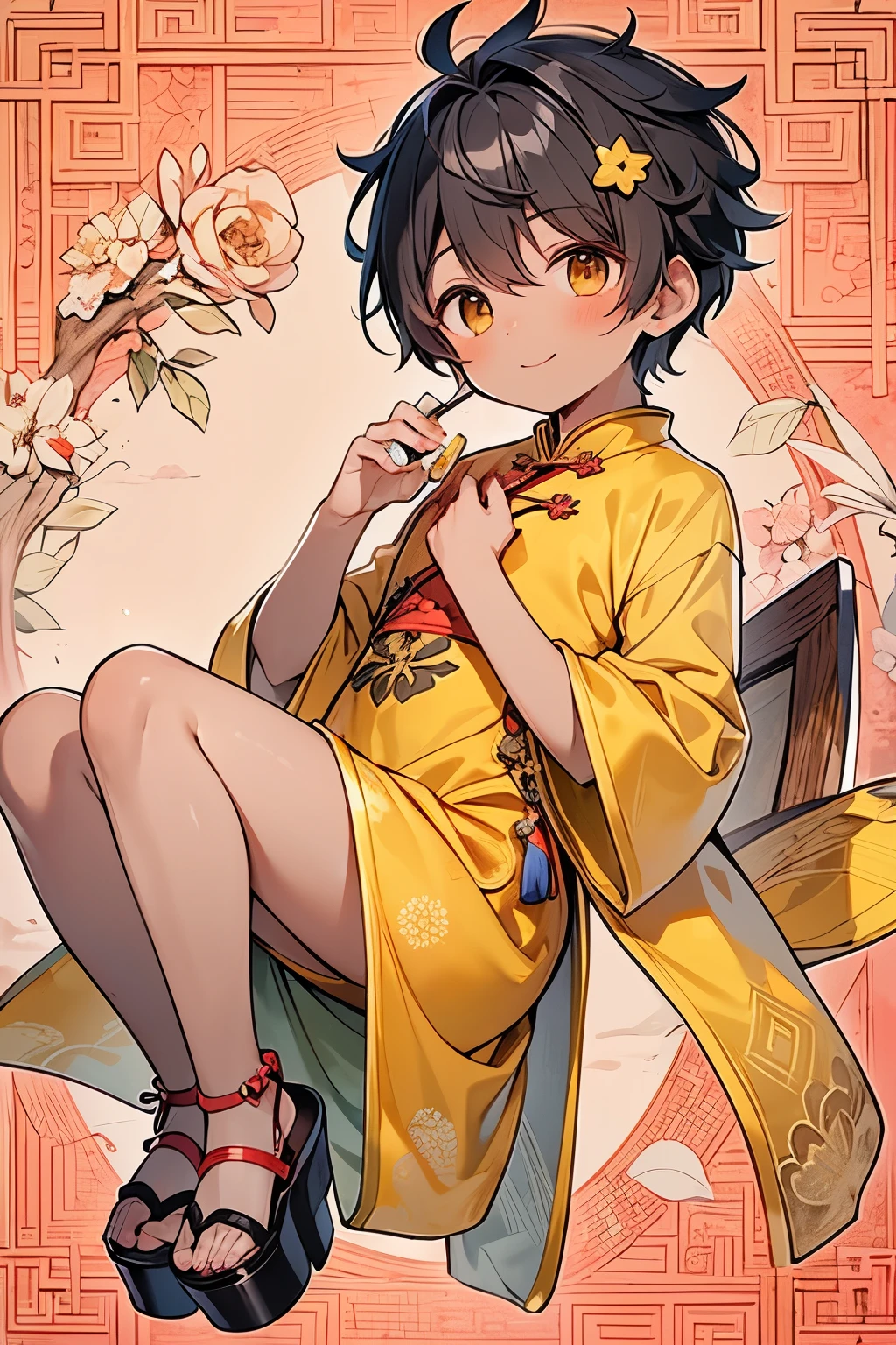 ((1-boy :1.3)),((handsome Gay:1.2)),(( An Adult Man :1.15)),Smiling while blushing ,short Karl hair,orange hair,(Twinkle star pattern background:1.25),Red,yellow,purple,((dark skin body:1.5)), shiny ,((top view:1.0)),(touch your chest with both hands over your clothes:1.15),((Platform sandals:1.25)),(( show your thighs:1.0)),((yellow luxurious cheongsam:1.1)),(yellow Mandarin gown:1.15),((Chinese Headdress:1.0)),(gorgeous hairpin:1.0)