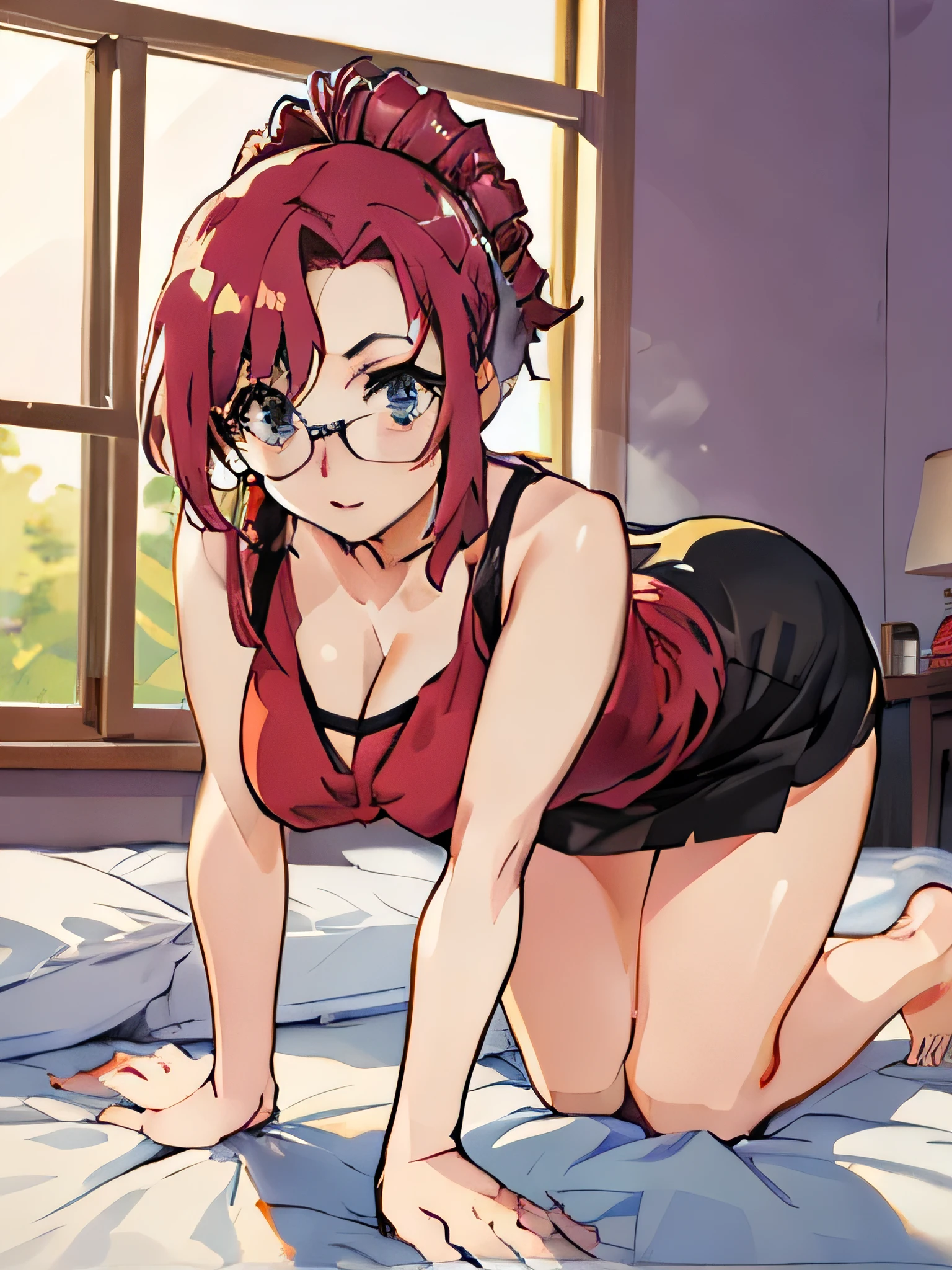 ((Anime Style))、Upper Body、Redhead、(woman１people)、old woman, beautiful長い脚、beautiful体、beautiful鼻、Perfect Eyes、Perfect Face、Perfect Legs、Perfect balance、(beautiful、Large Breasts:1.2)、large ass, large thighs, (beautiful顔:1.5)、(Narrow waist)、Perfect lighting、colorful、Bright front light、Glowing Skin、 (masterpiece:1.0)、((High resolution))、((Best Quality))、((4K))、(Normal hand)、(Anatomically correct hand)、(Accurate hands)、(Accurate feet)、break、Side Lock、jewelry、Red vest、mini skirt、break、Black Skirt、tight red knit tank top、cleavage, Glasses、break、(On the bed)、(On all fours), break、pretty face, eye wrinkle